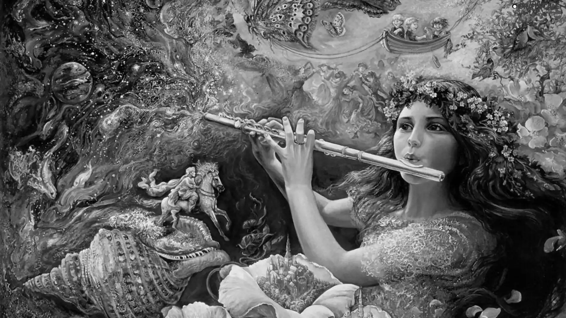 girl, shell, Flowers, flute