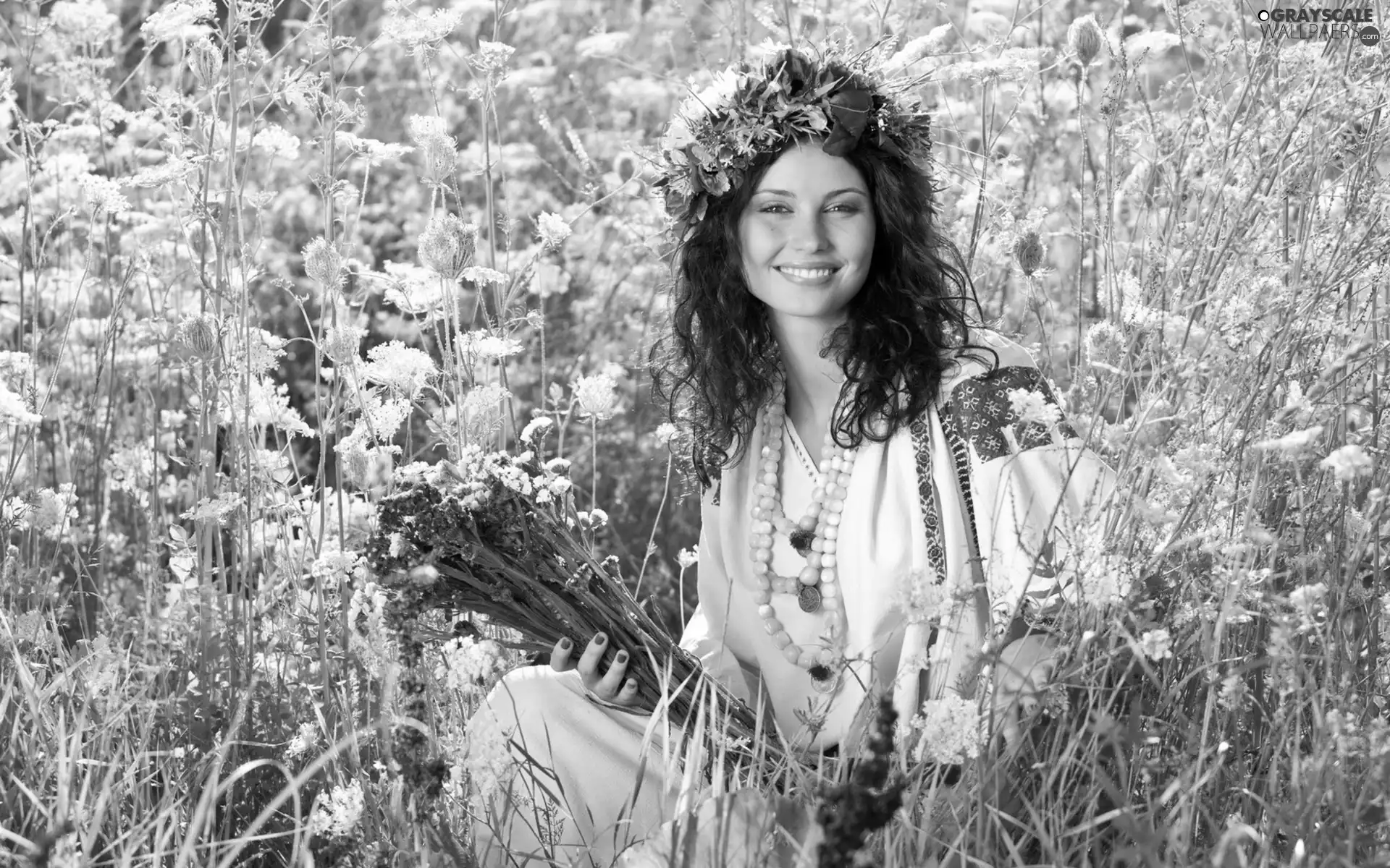 Flowers, grass, brunette, Meadow, smiling