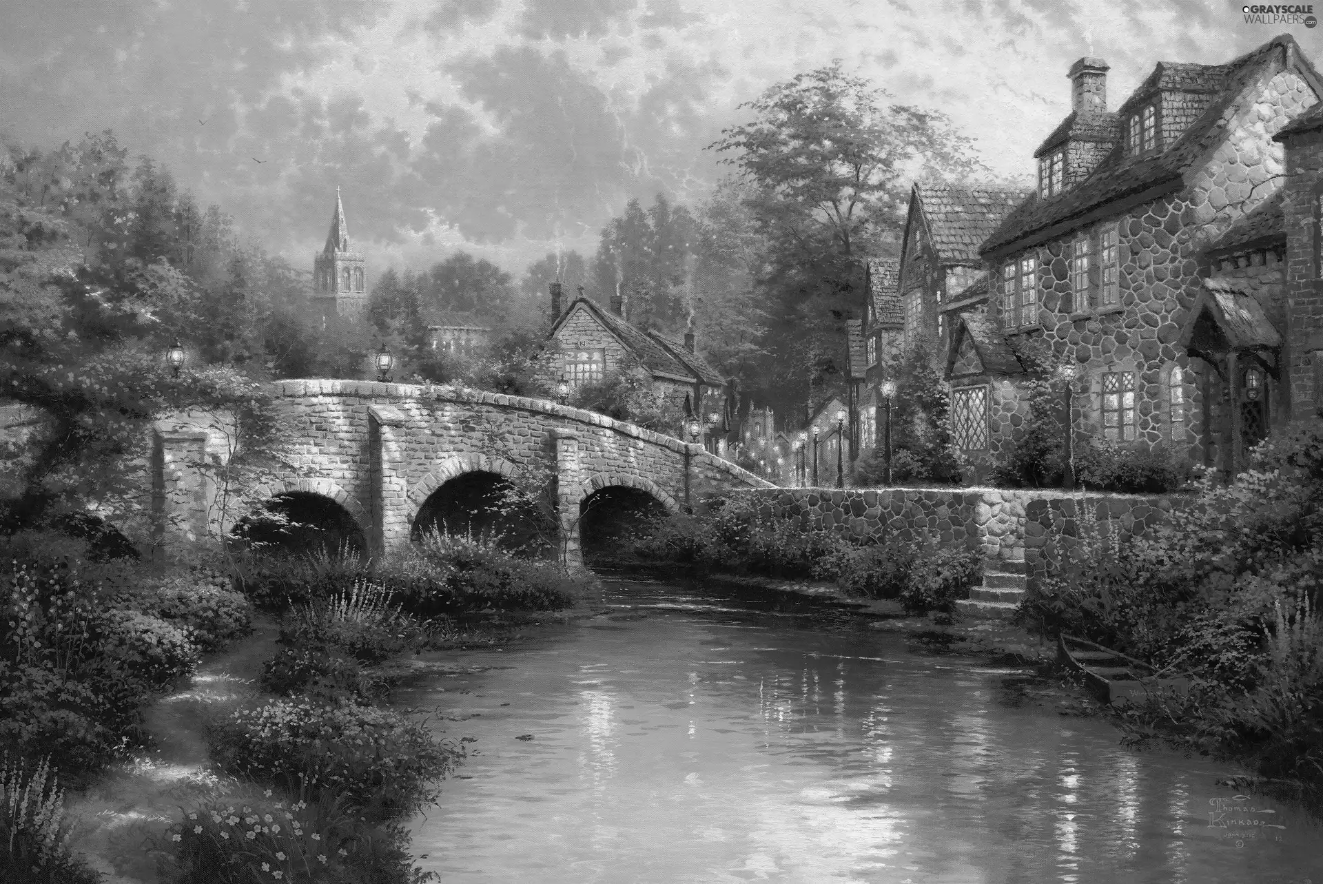 Houses, River, Flowers, bridge
