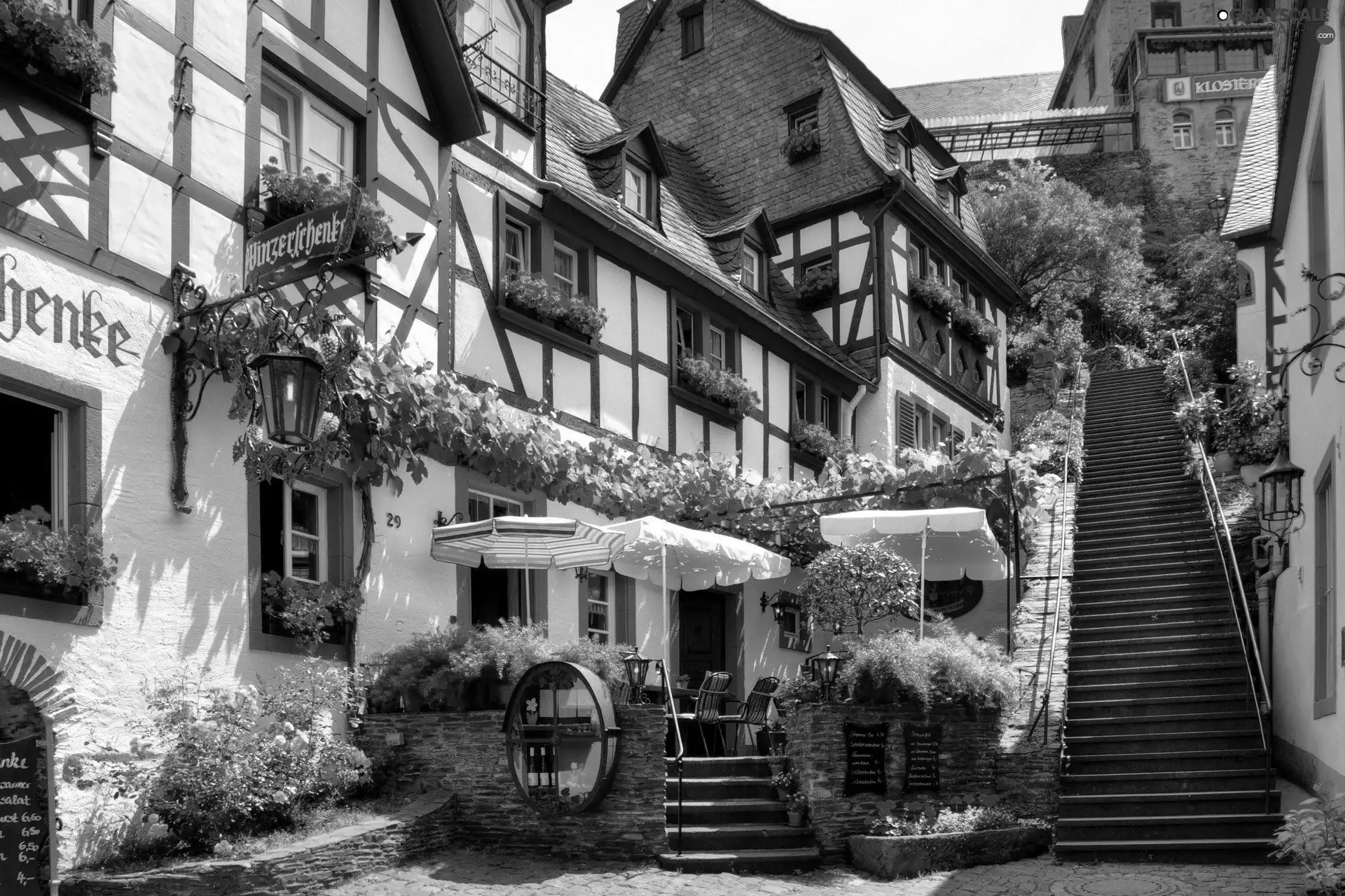 Houses, Sunshade, Flowers, Stairs