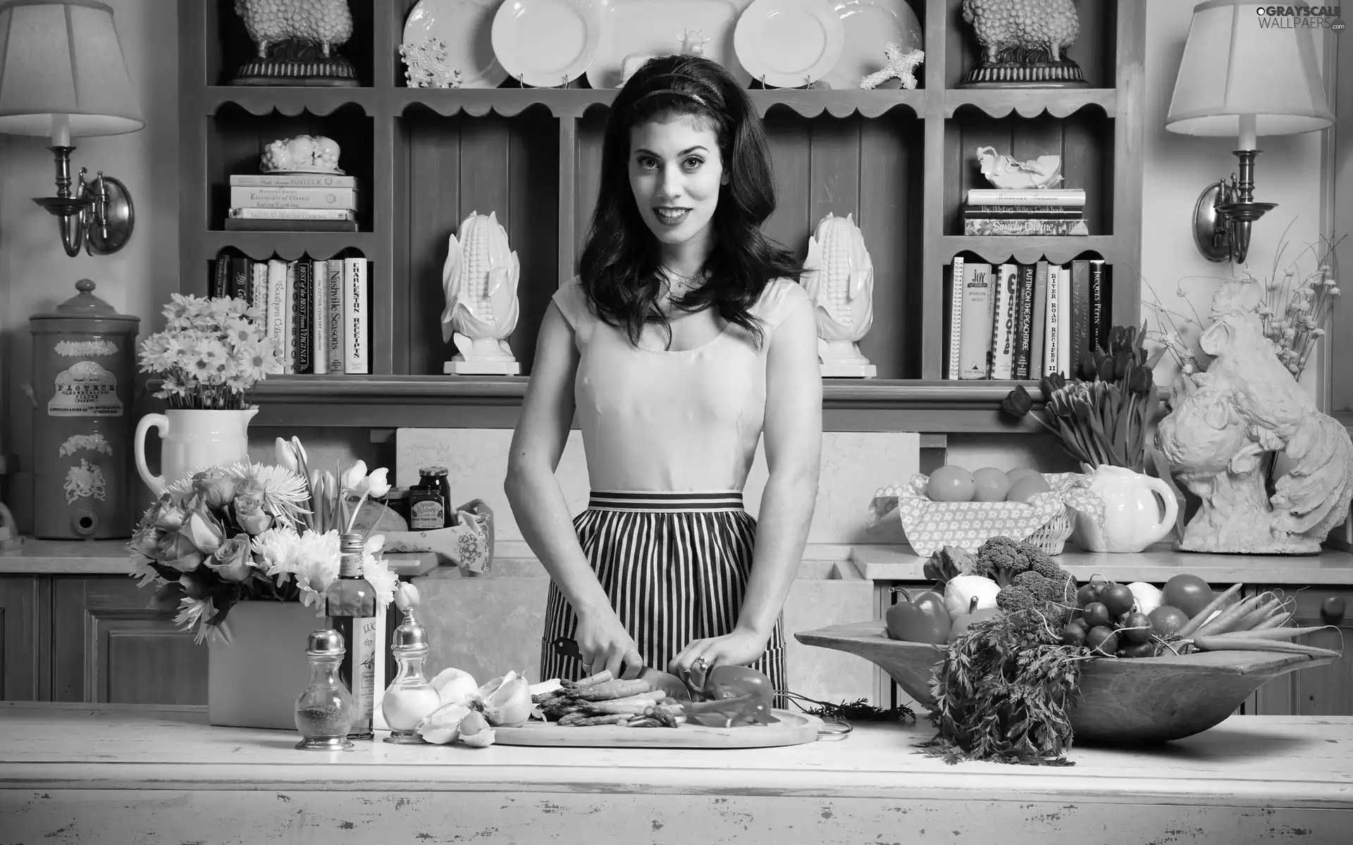 flowers, Kitchen, vegetables, Bouquets, Women