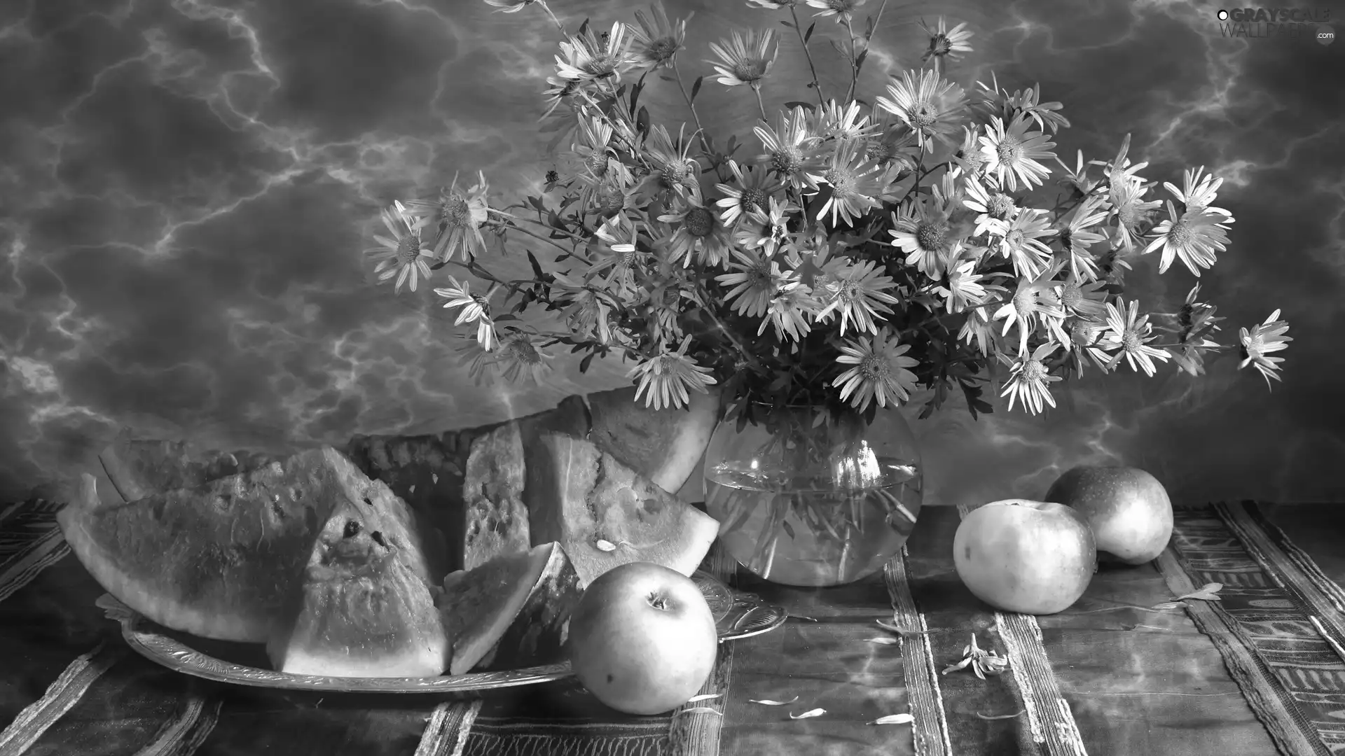 flowers, plate, apples, bouquet, watermelon
