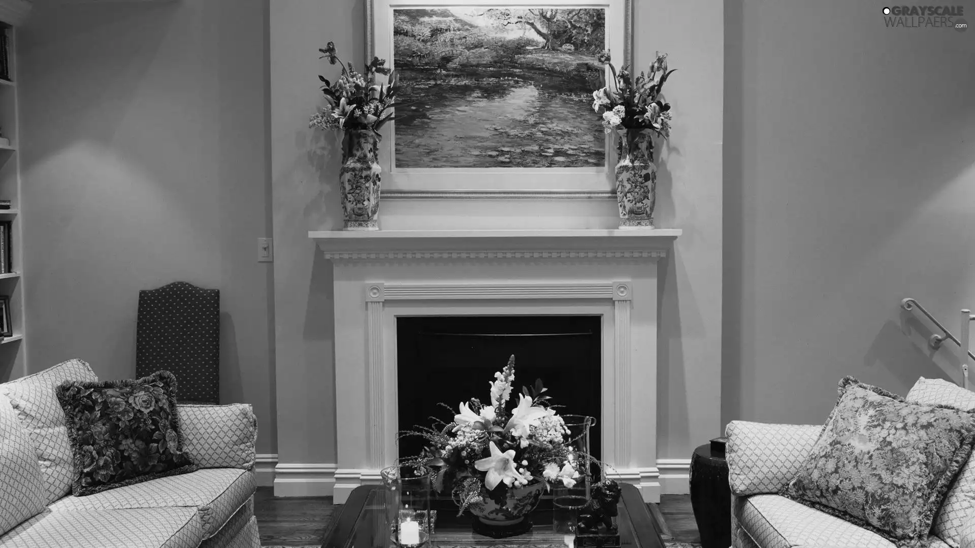 Room, burner chimney, Flowers, Sofas
