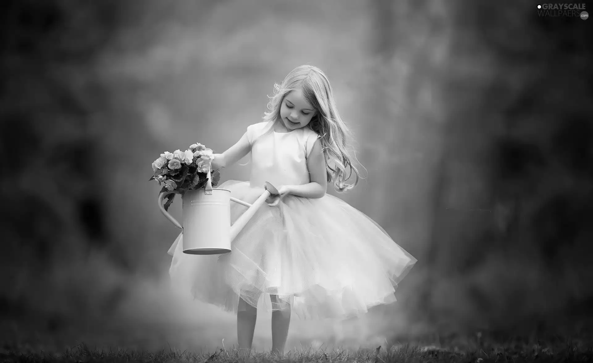 small, watering can, Flowers, girl