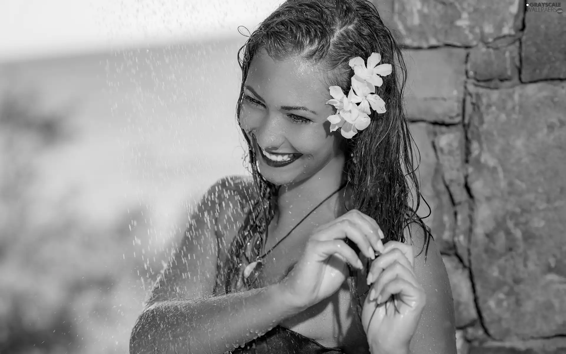 longhaired, Women, Hair, Flowers, wet, smiling