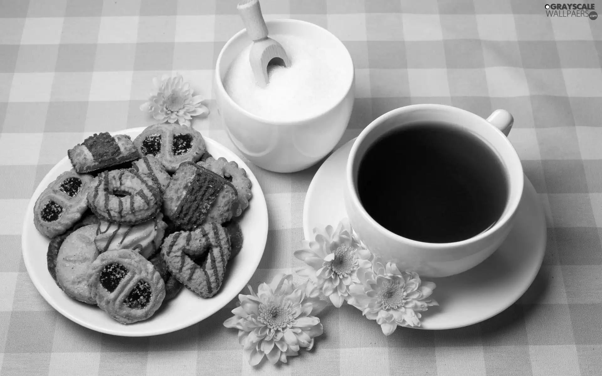 tea, sugar-bowl, Flowers, cookies