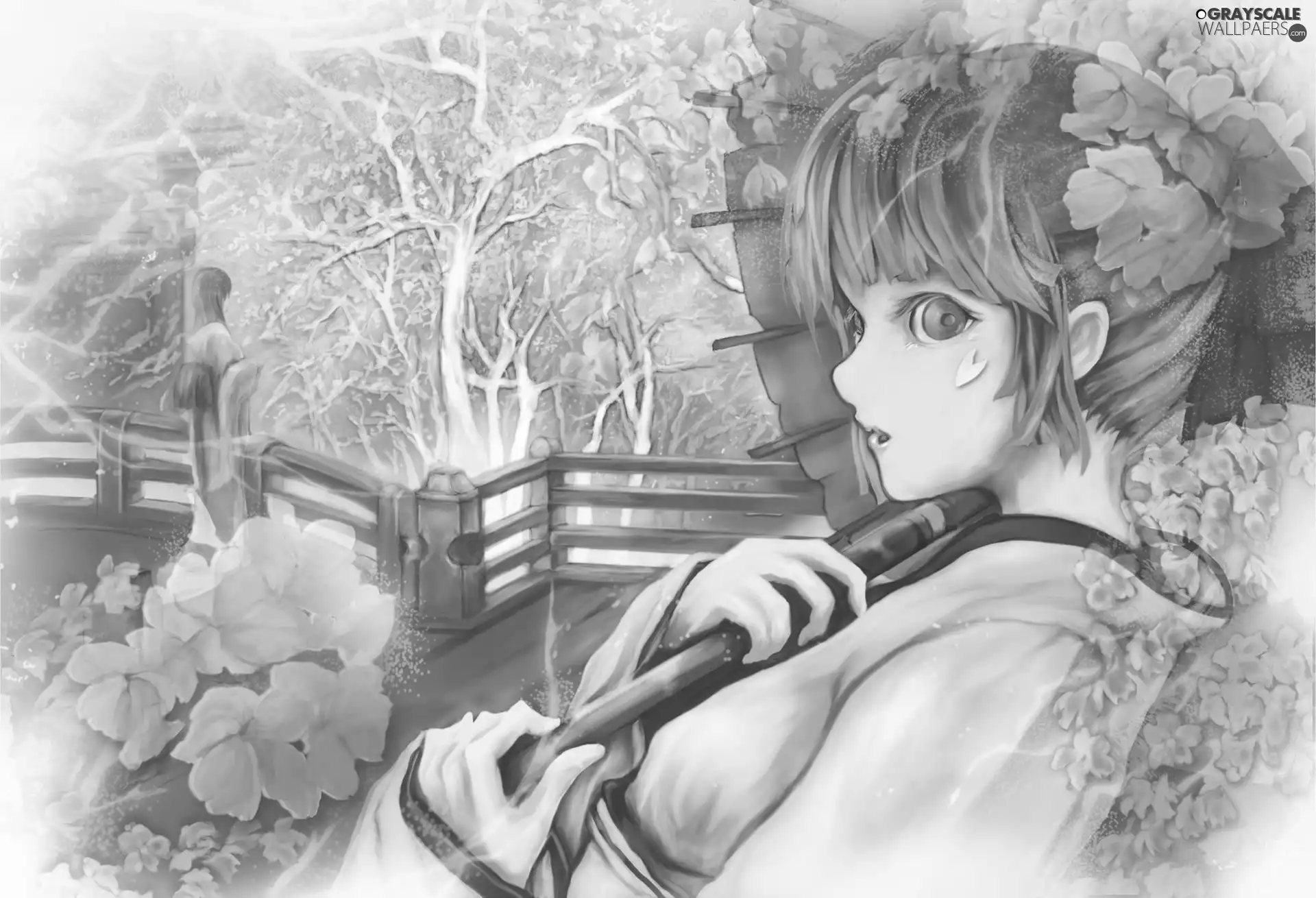 Flowers, girl, Umbrella