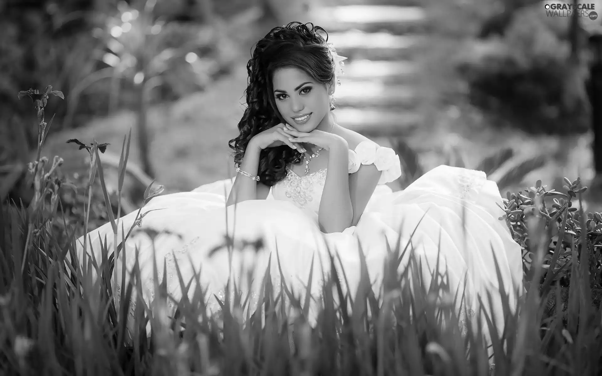 young lady, Flowers, White, Dress, Women