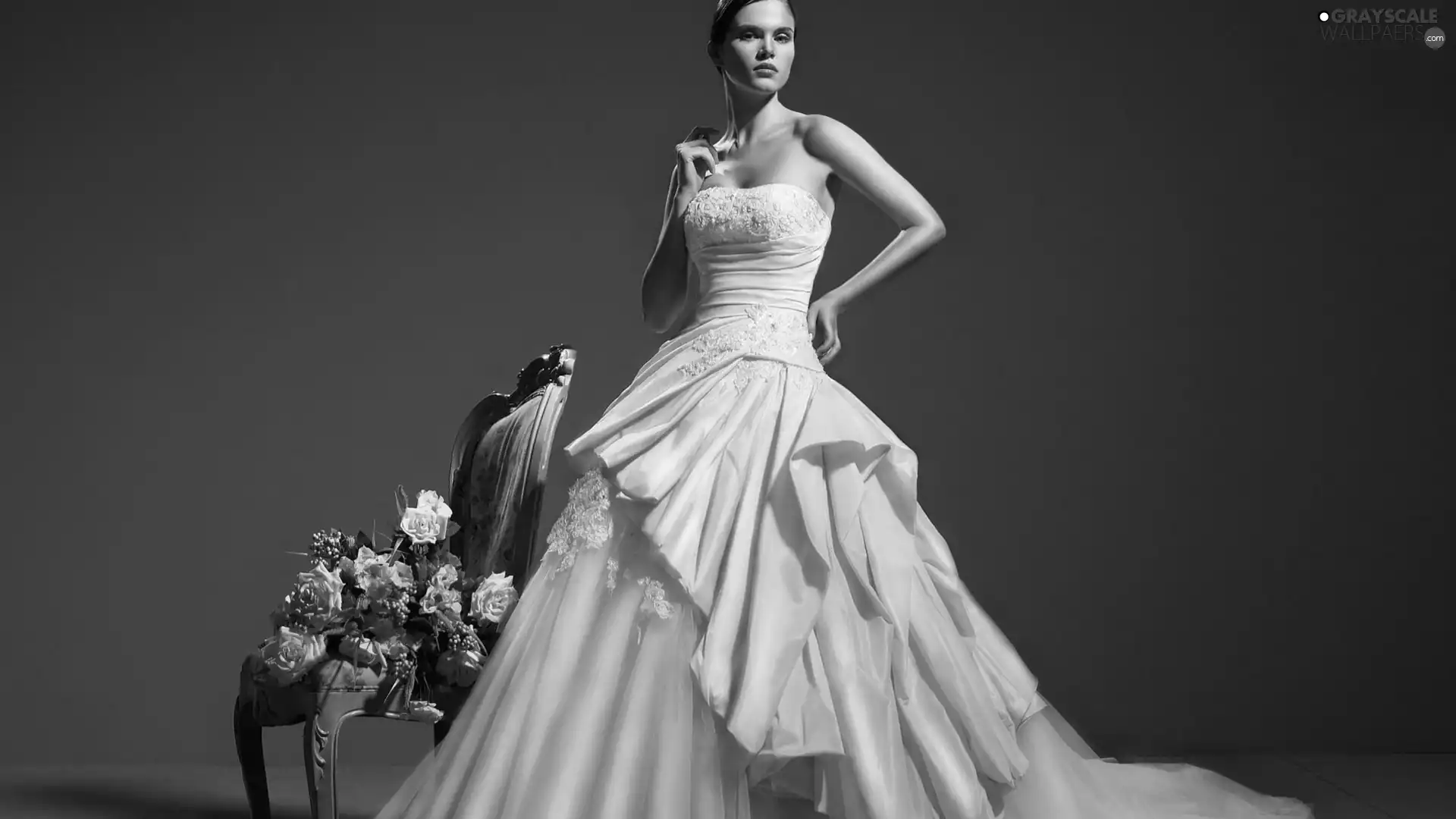 Flowers, young lady, White, Dress, Women