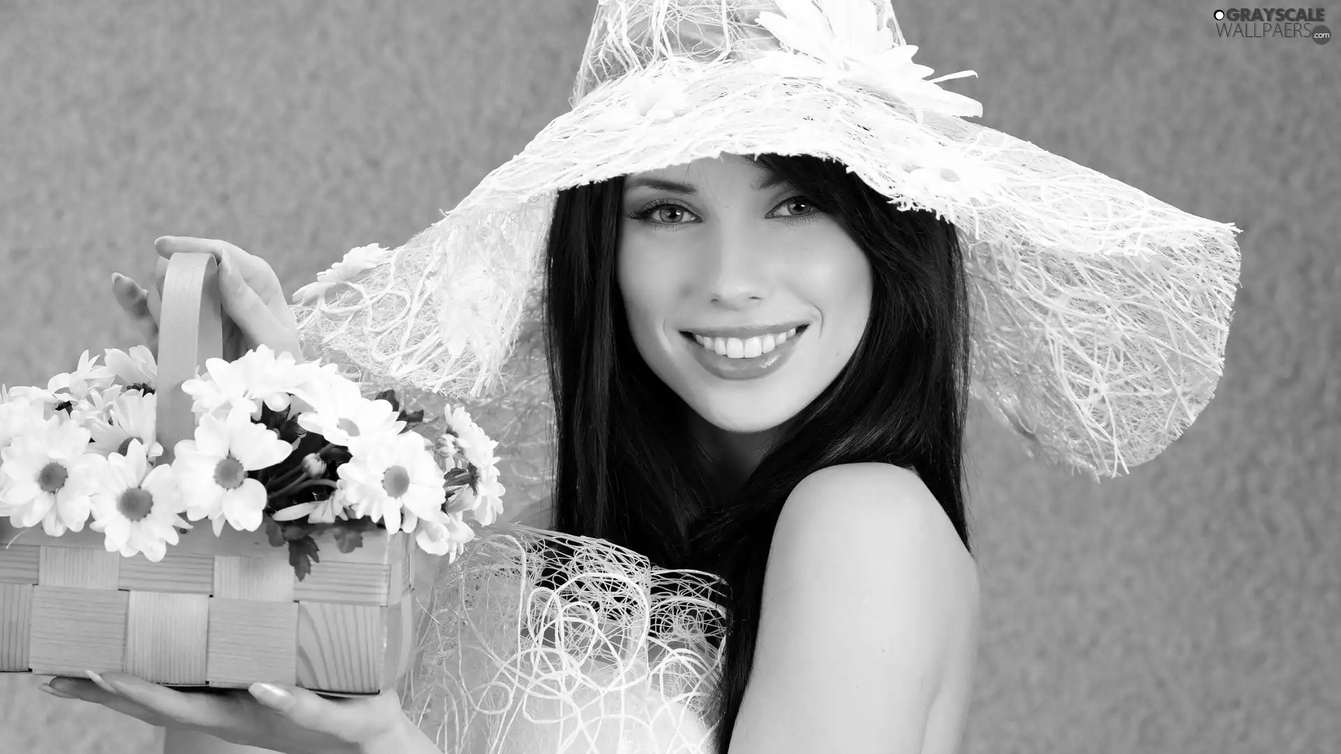 Women, white, flowers, basket