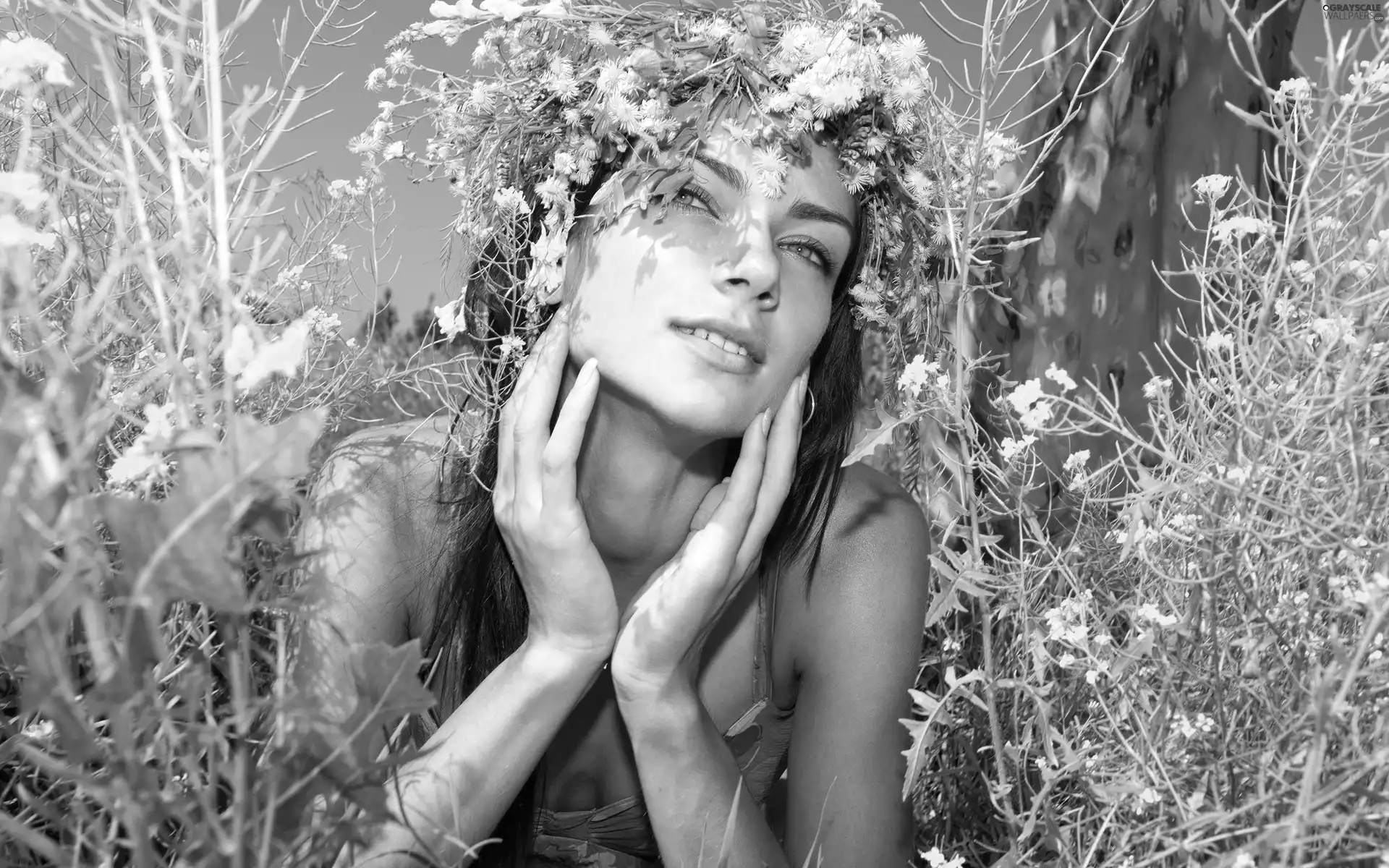 Yellow, Flowers, wreath, Meadow, Women