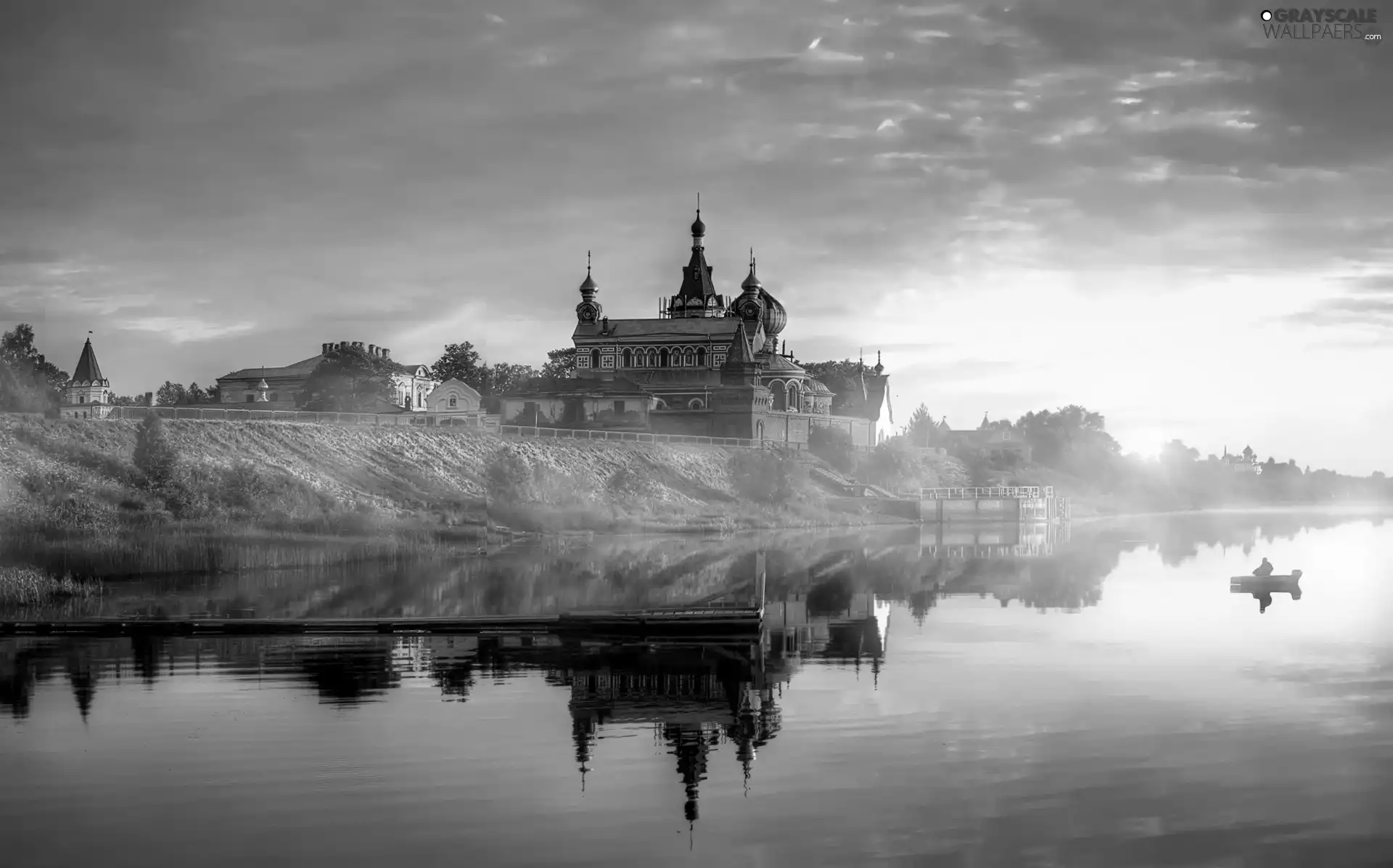 Fog, Cerkiew, west, sun, lake