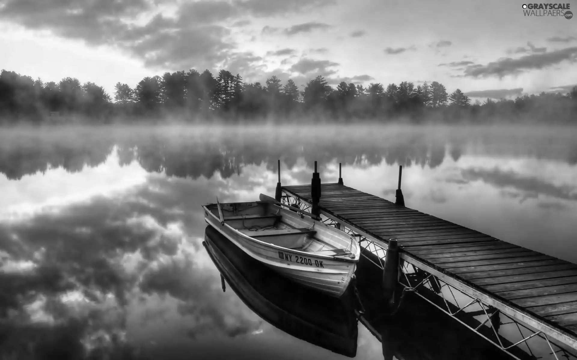 Fog, forest, pier, lake, Boat