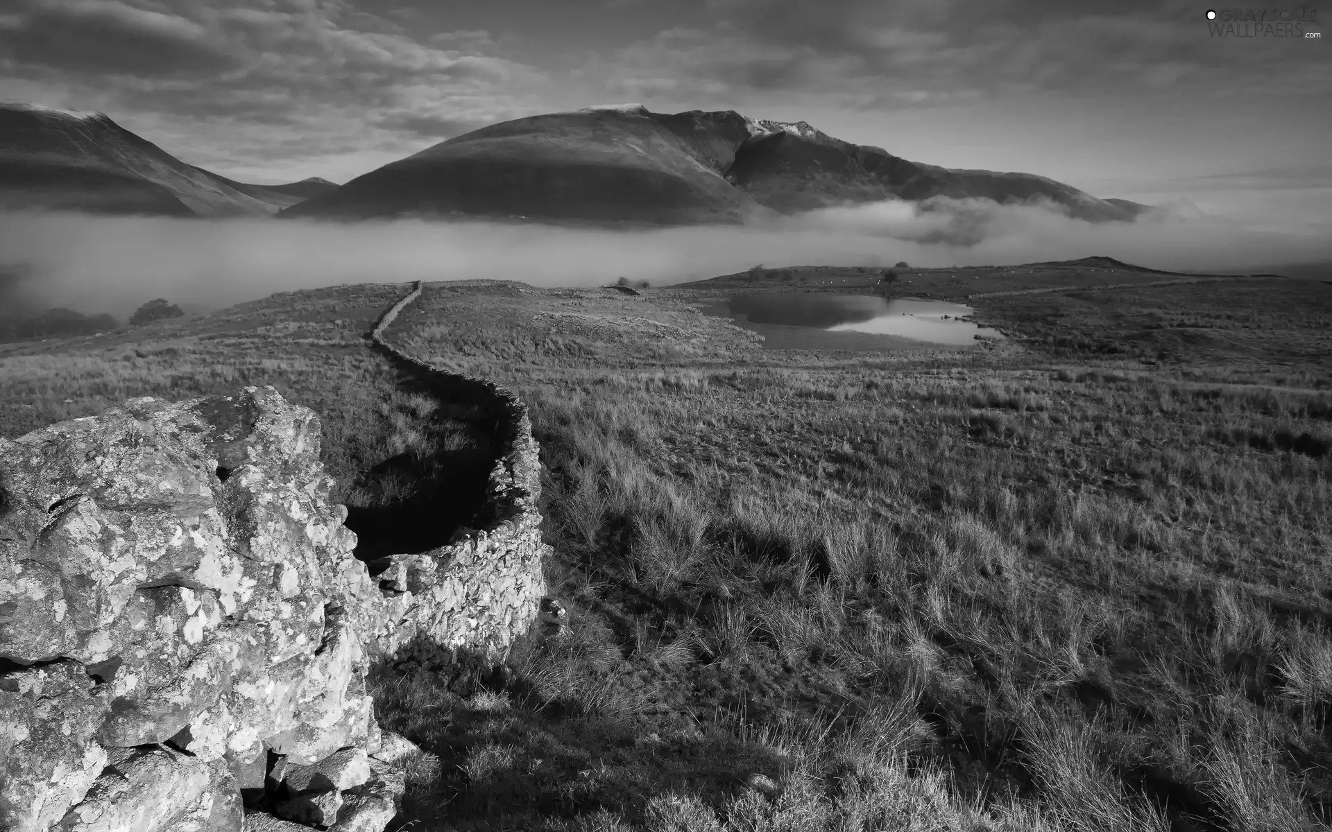 Fog, Mountains, Stones, field, ledge