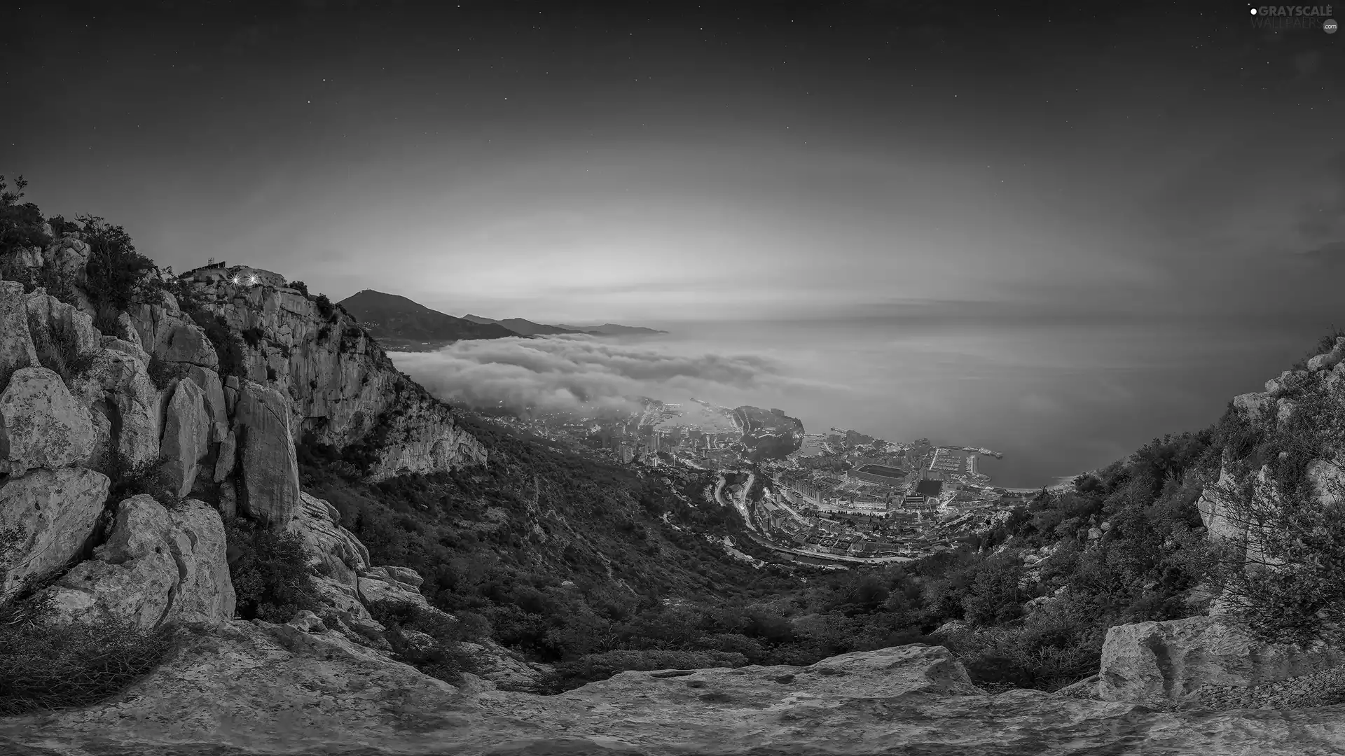 Mountains, Town, Fog, rocks