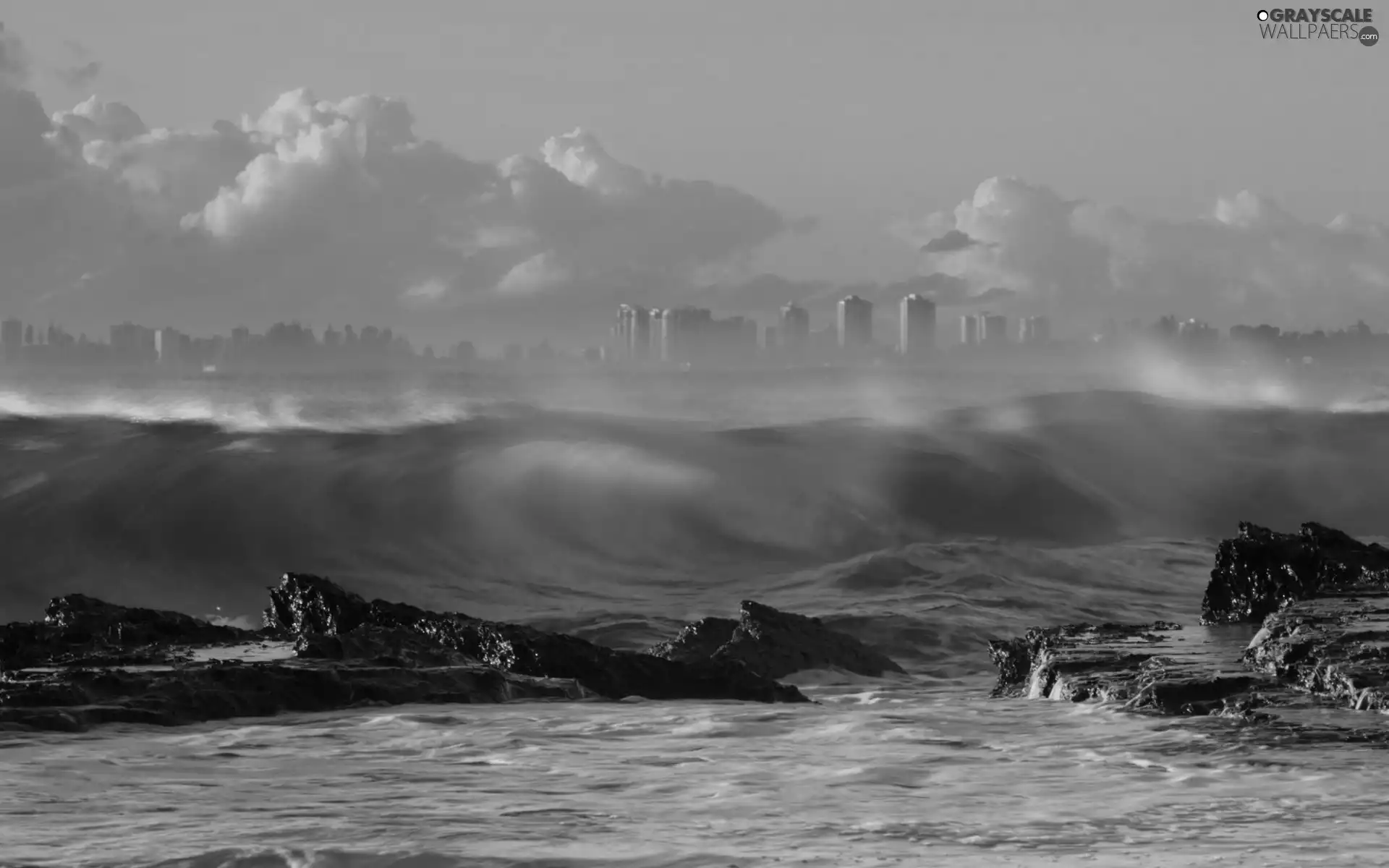 skyscrapers, Waves, clouds, rocks, Coast, Fog, panorama