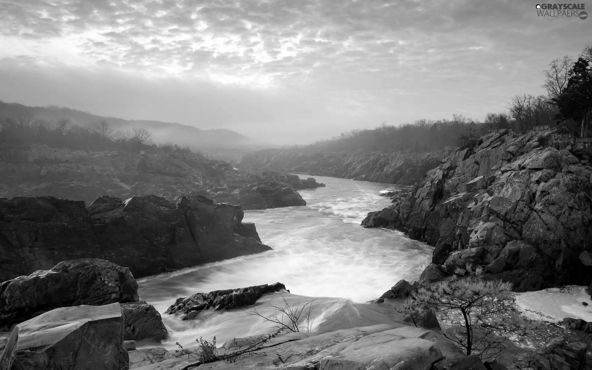 River, clouds, Fog, rocks