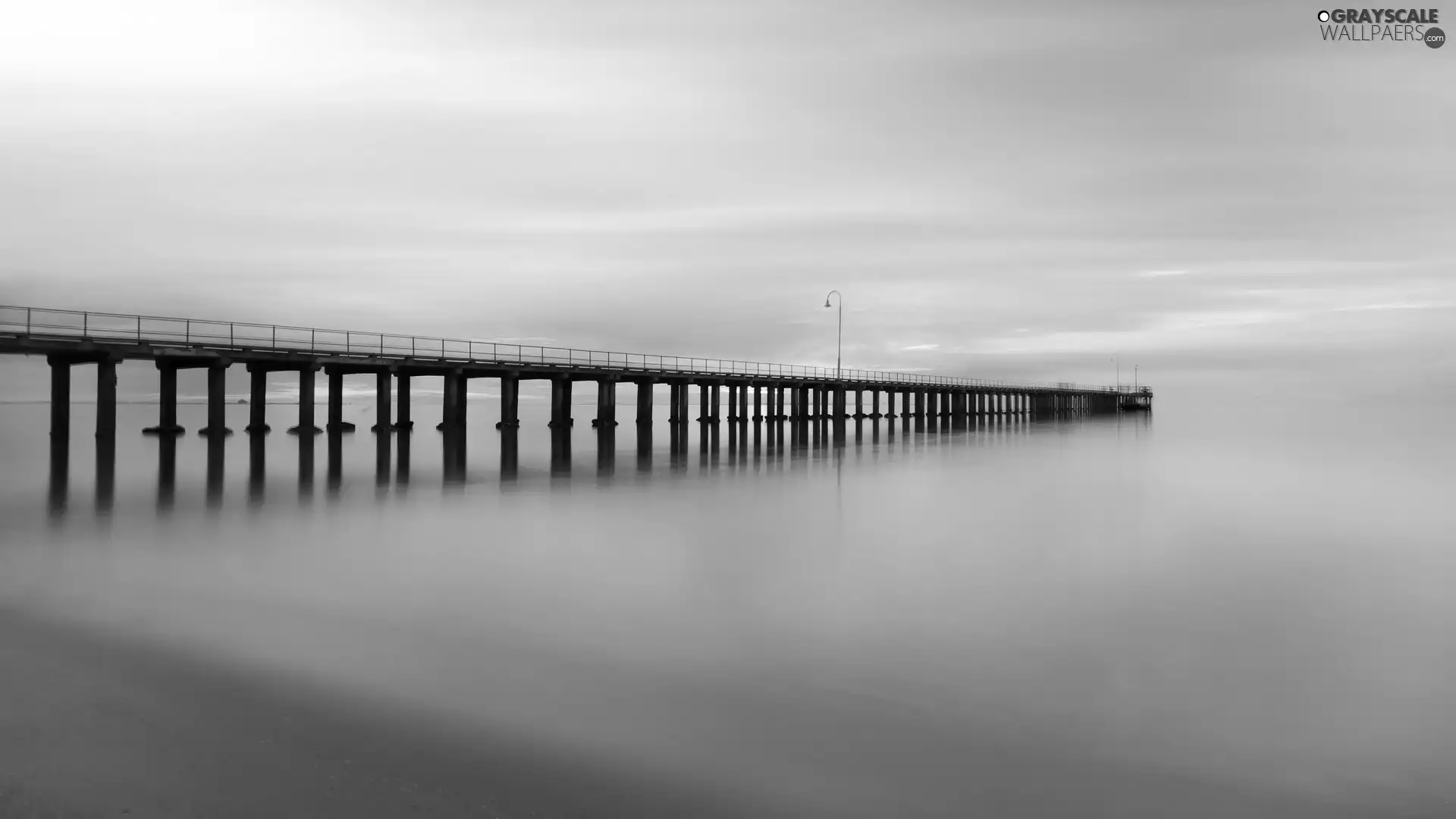 sea, pier, Sunrise, Fog