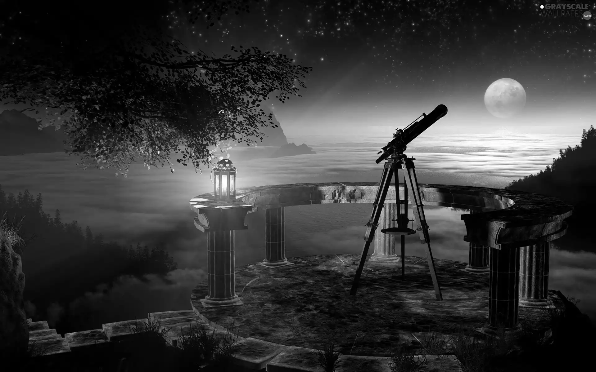 point, observational, Night, telescope, moon, woods, Mountains, lantern