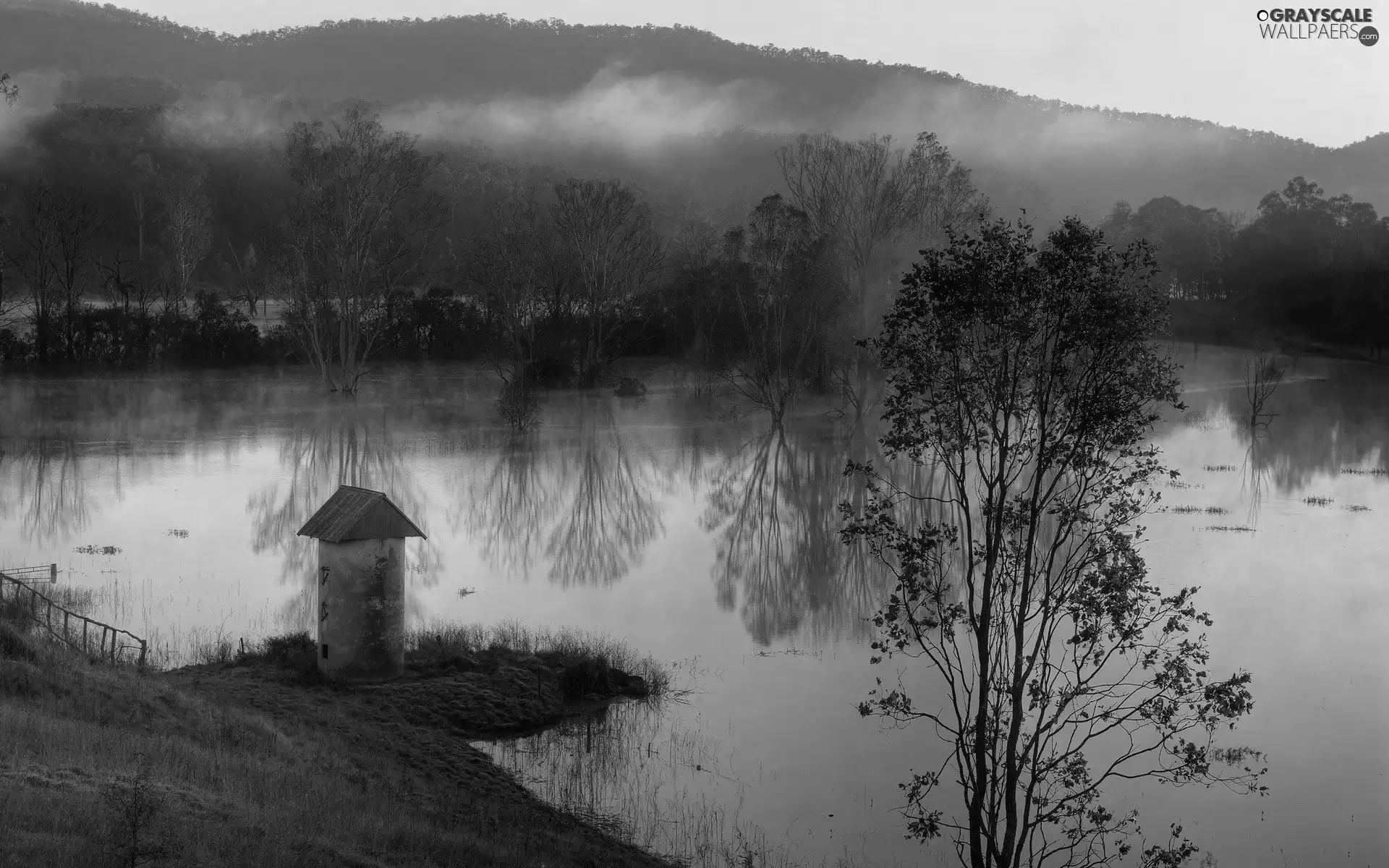 viewes, lake, stone, trees, Mountains, Fog, tower