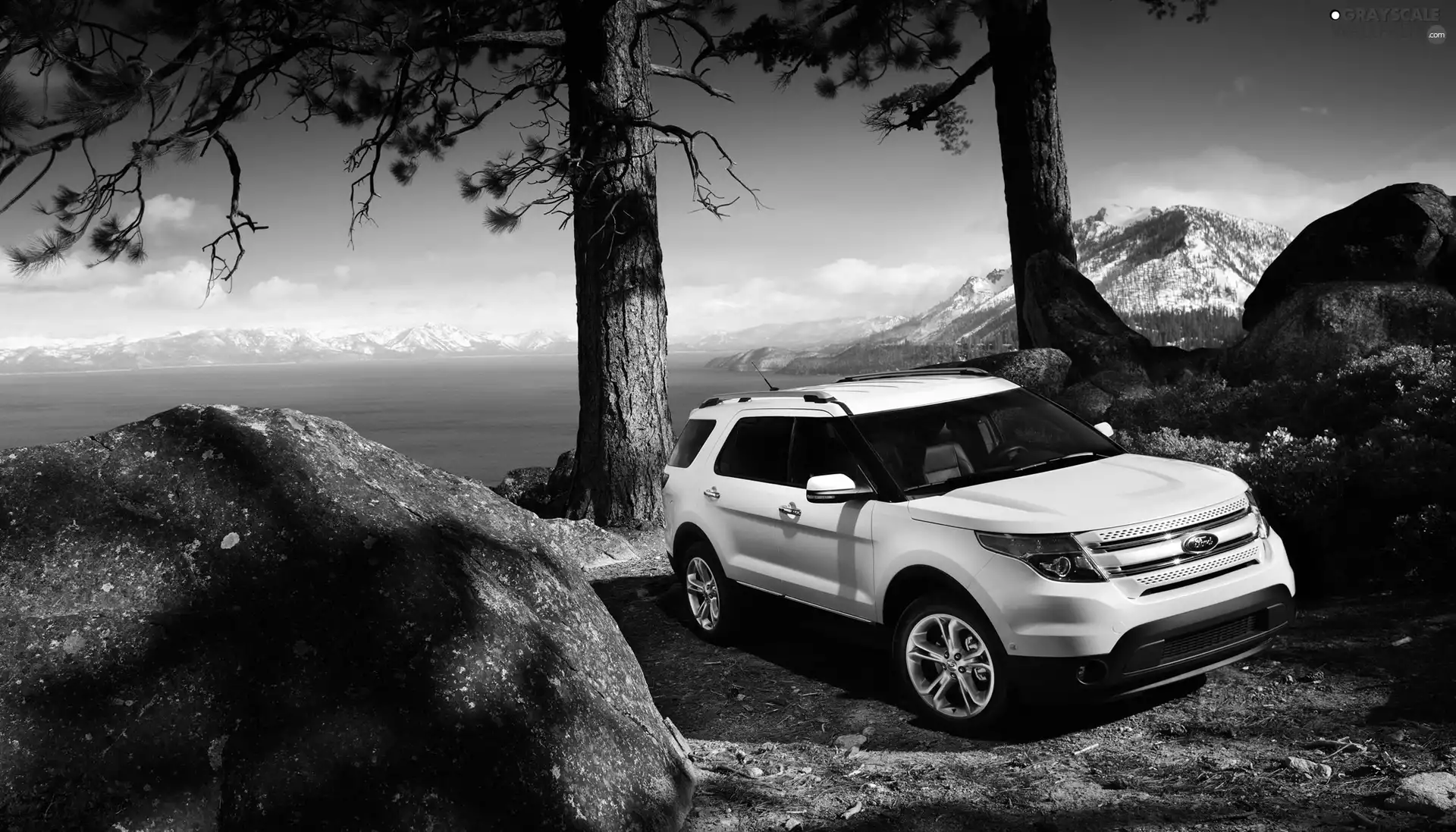 Mountains, Stones, White Ford 2011 Explorer, lake