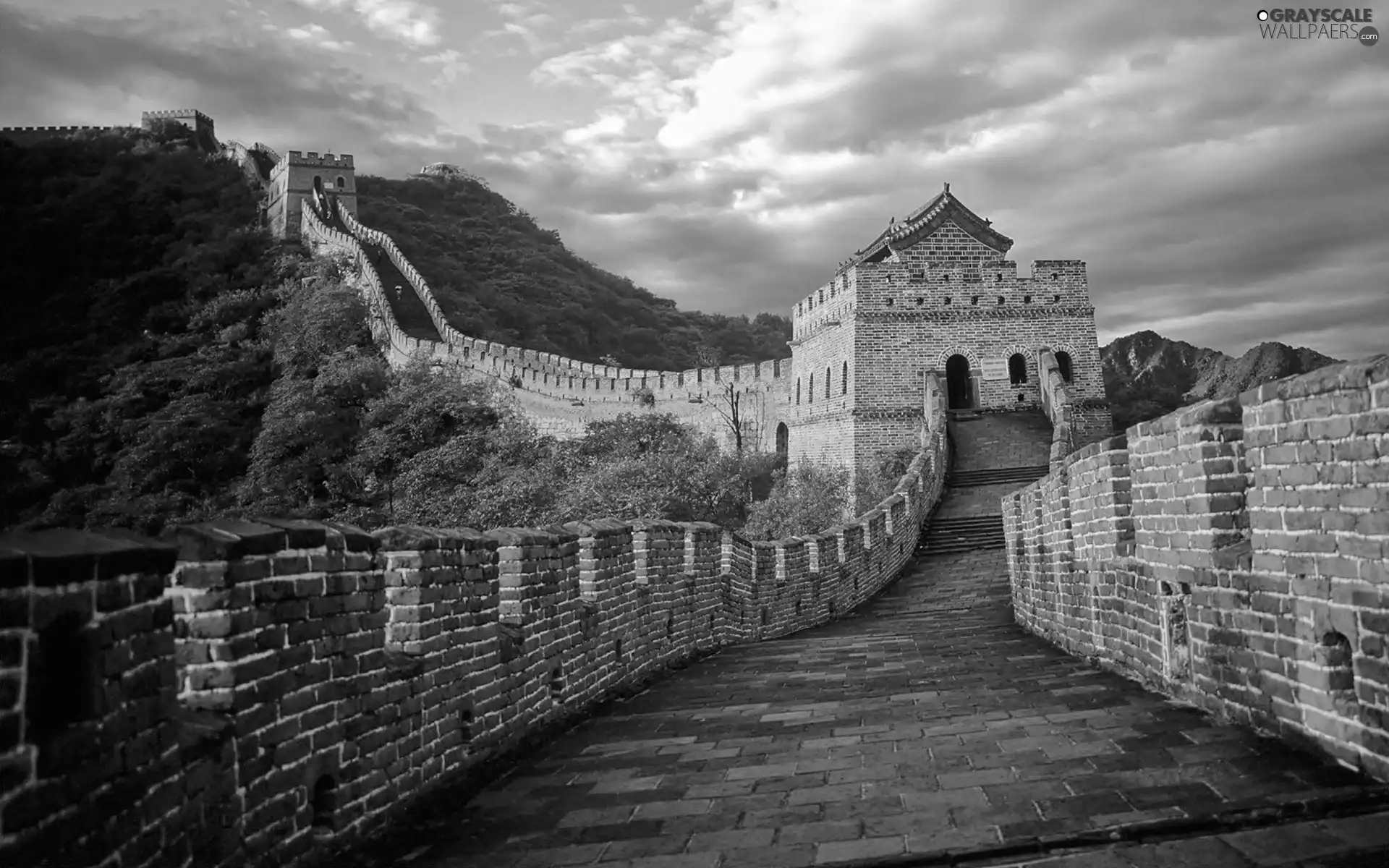 Chinese, large, forest, clouds, Mountains, wall