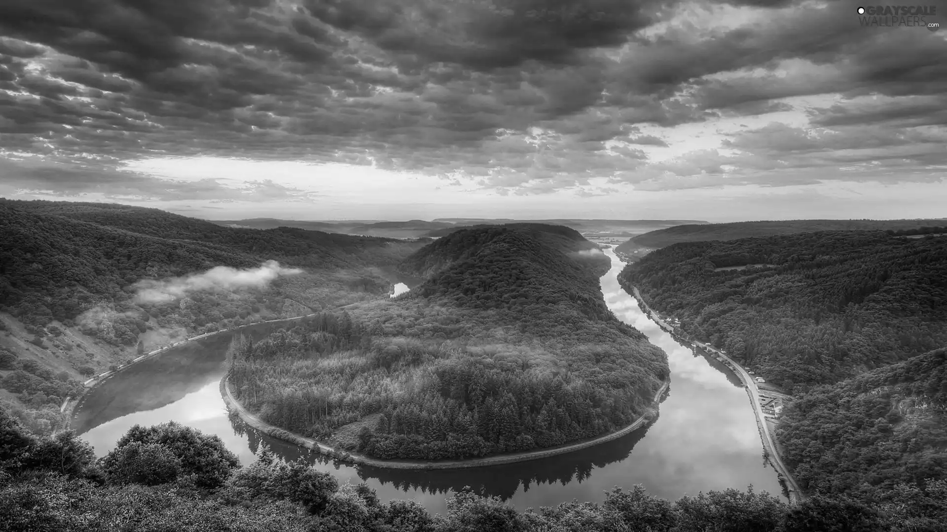 forest, River, clouds