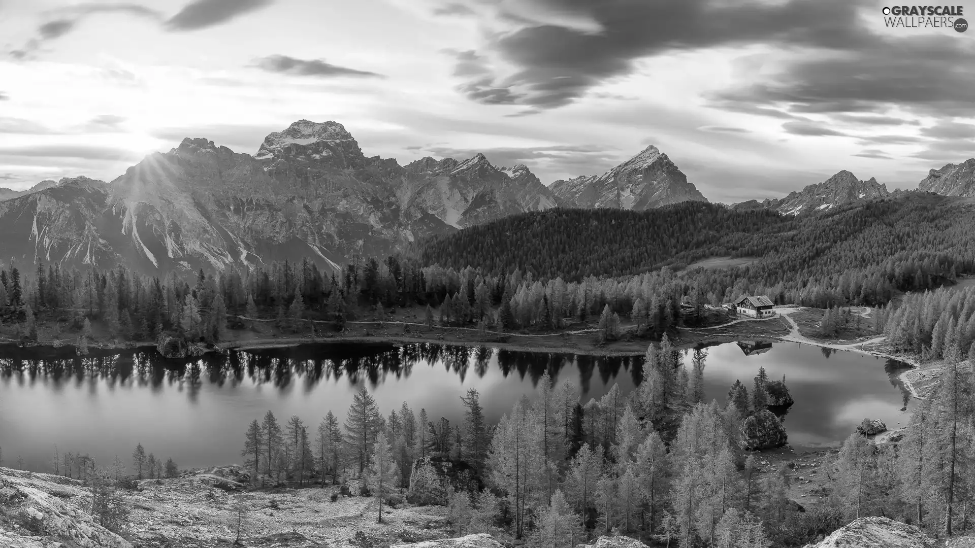 trees, lake, house, forest, Mountains, viewes, clouds