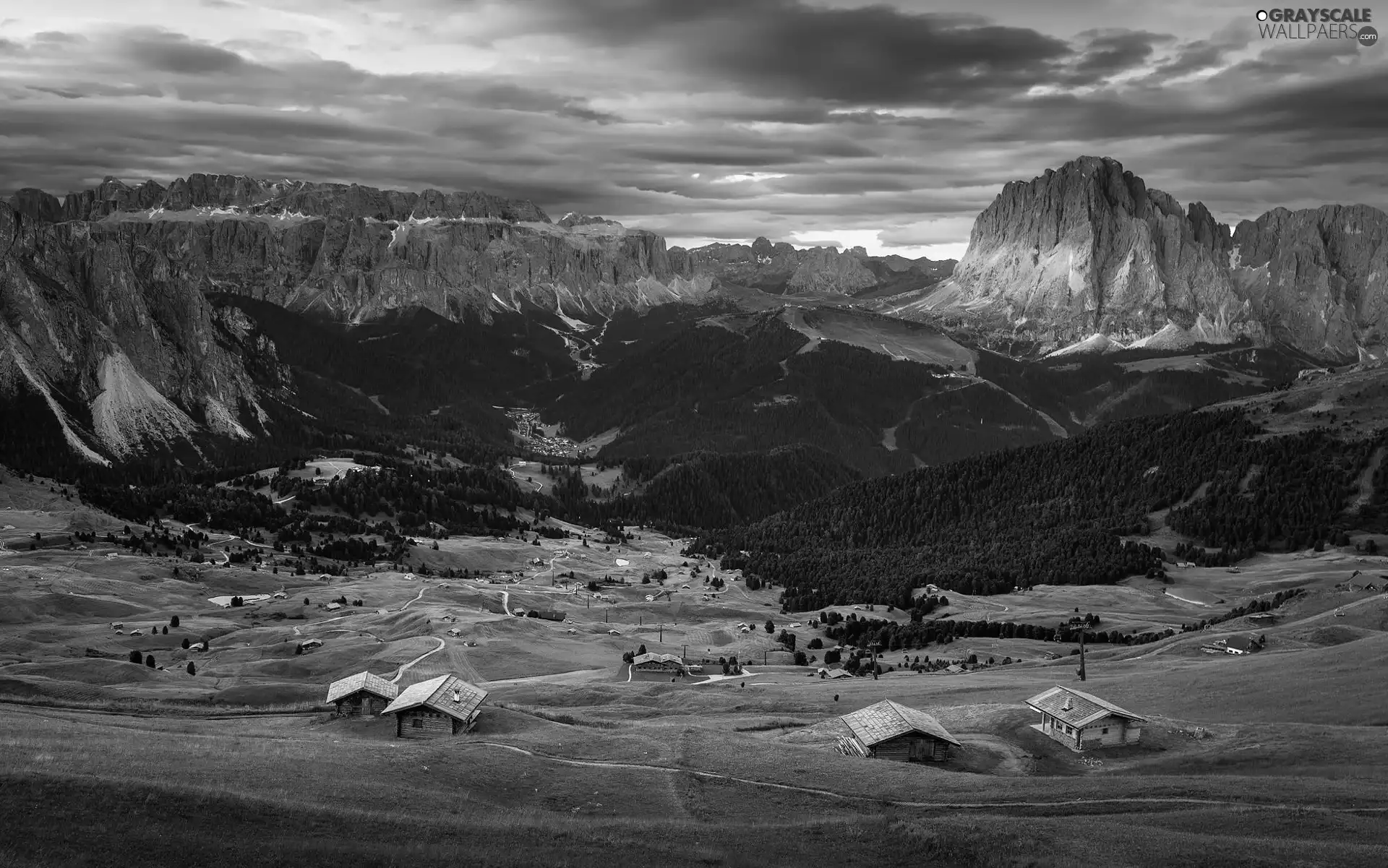 trees, Valley, Houses, forest, Mountains, viewes, clouds