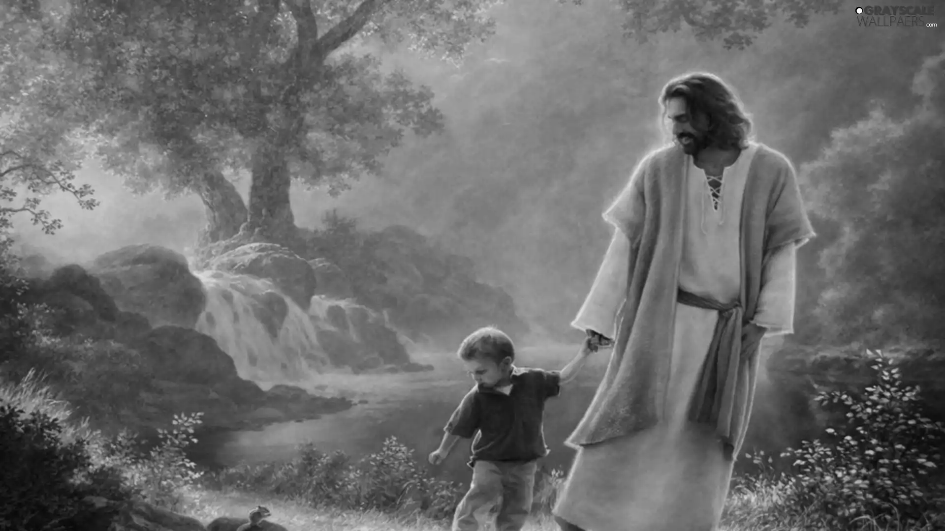 Jesus, water, forest, boy