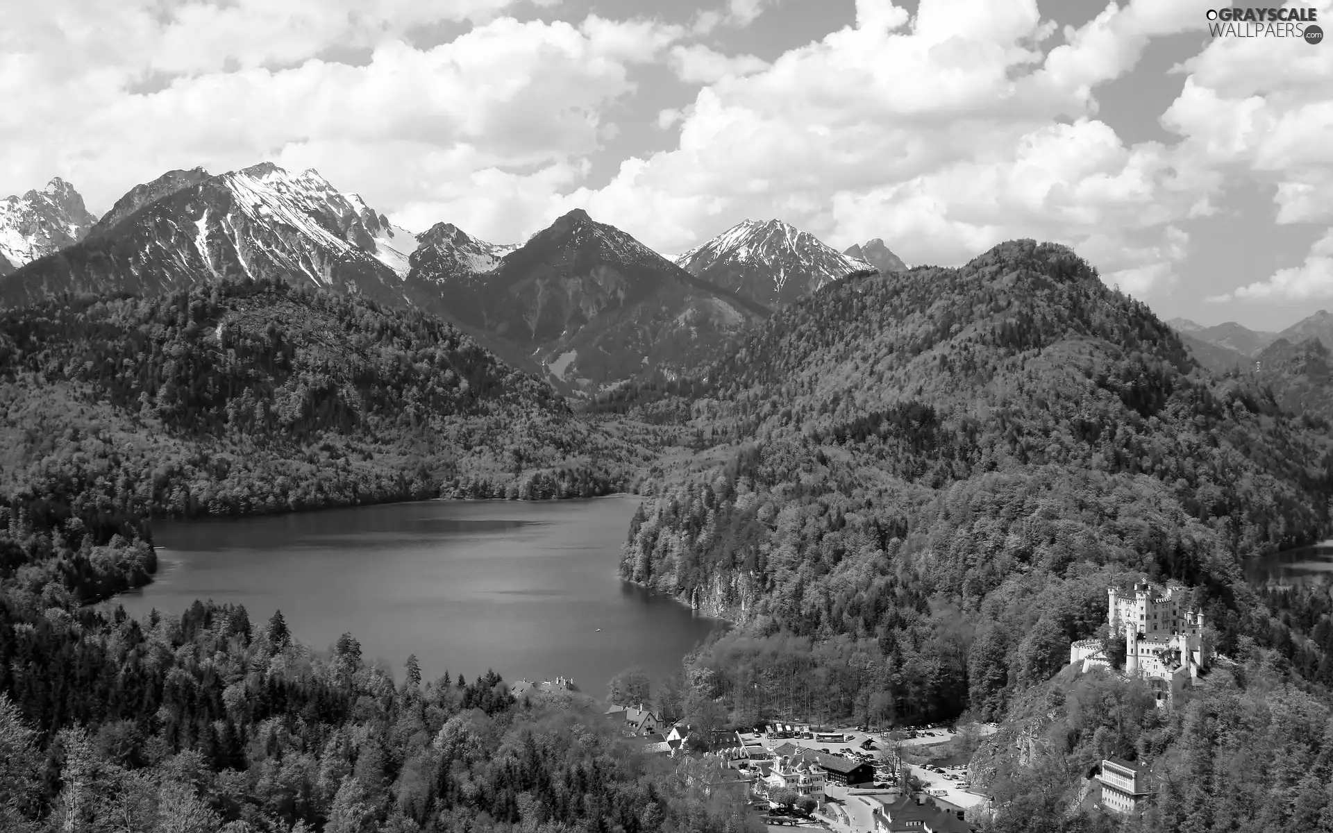 forest, lake, Houses, Mountains, Castle