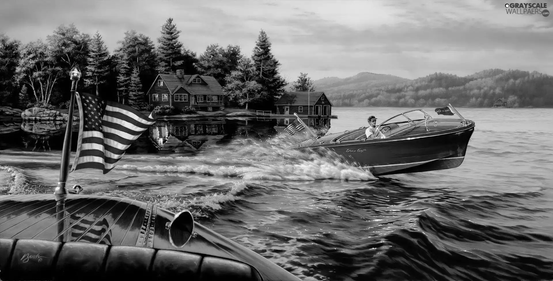 lake, house, forest, motorboat