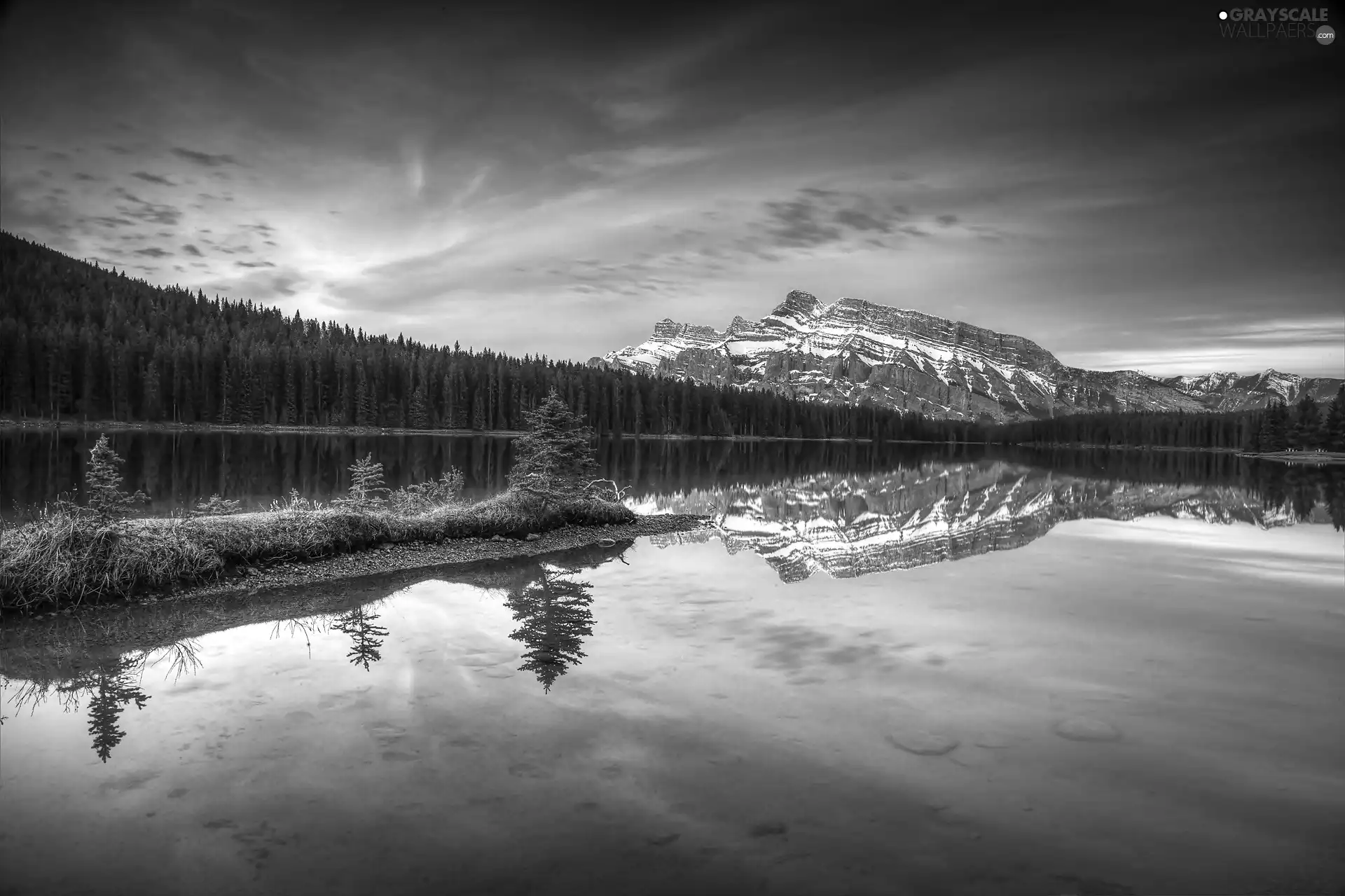 Mountains, lake, forest, reflection