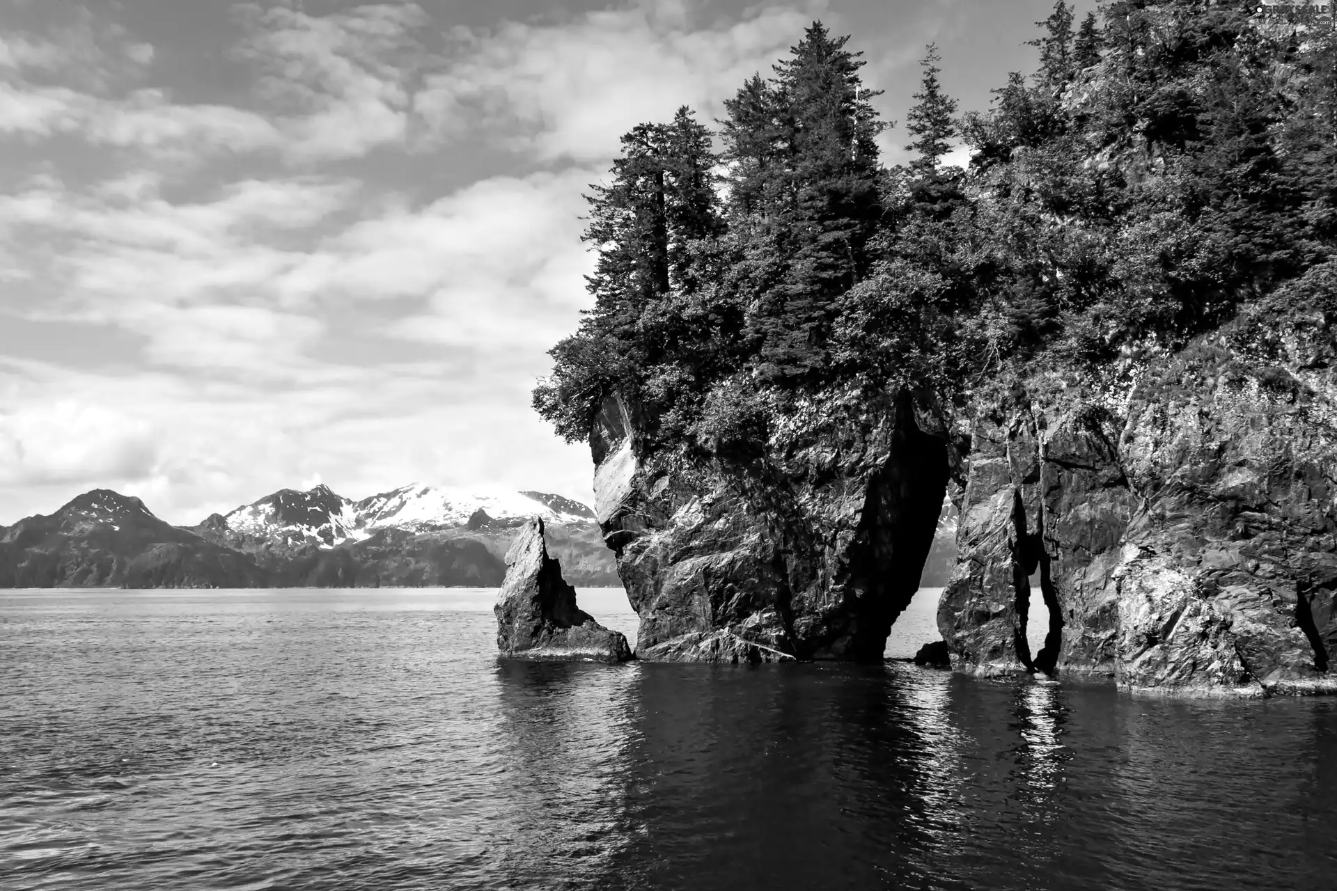 Mountains, rocks, forest, sea