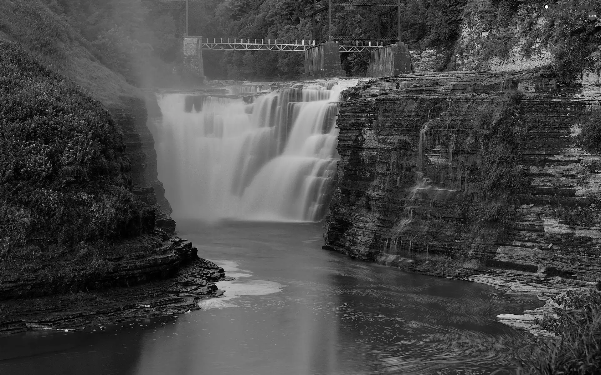 waterfall, rocks, forest, bridge