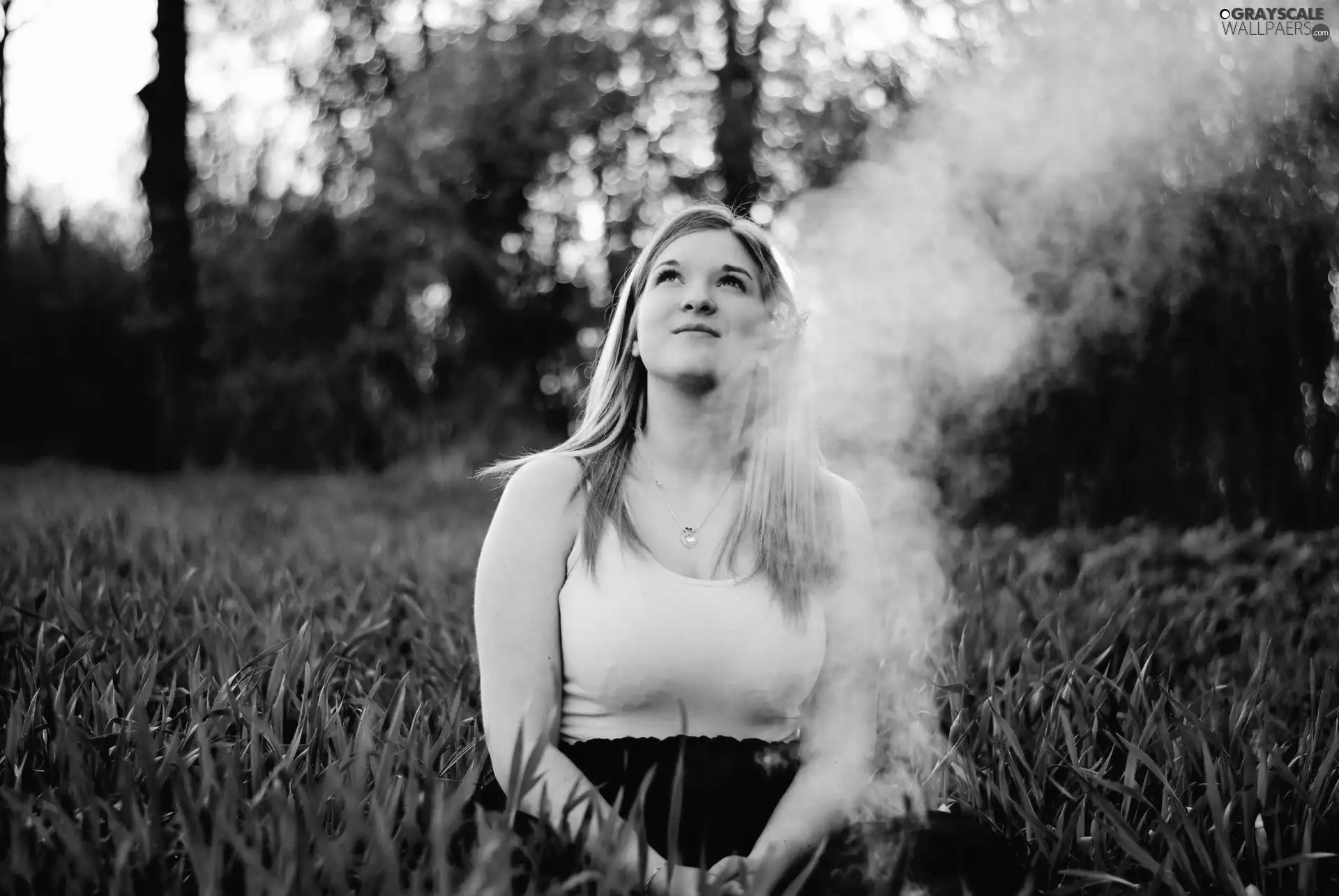 Women, smoke, forest, Blonde