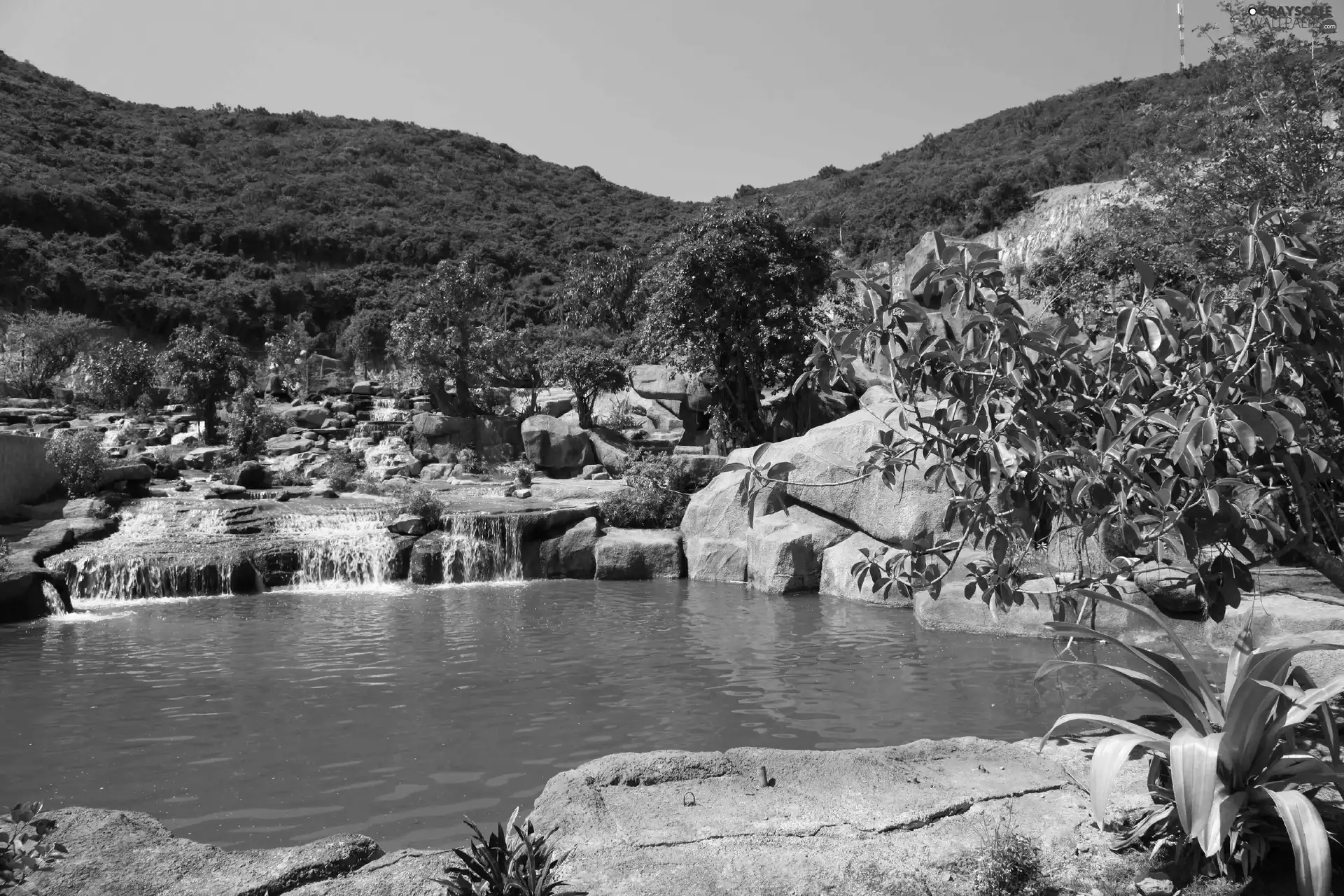 forested, Mountains, lake, rocks, waterfall