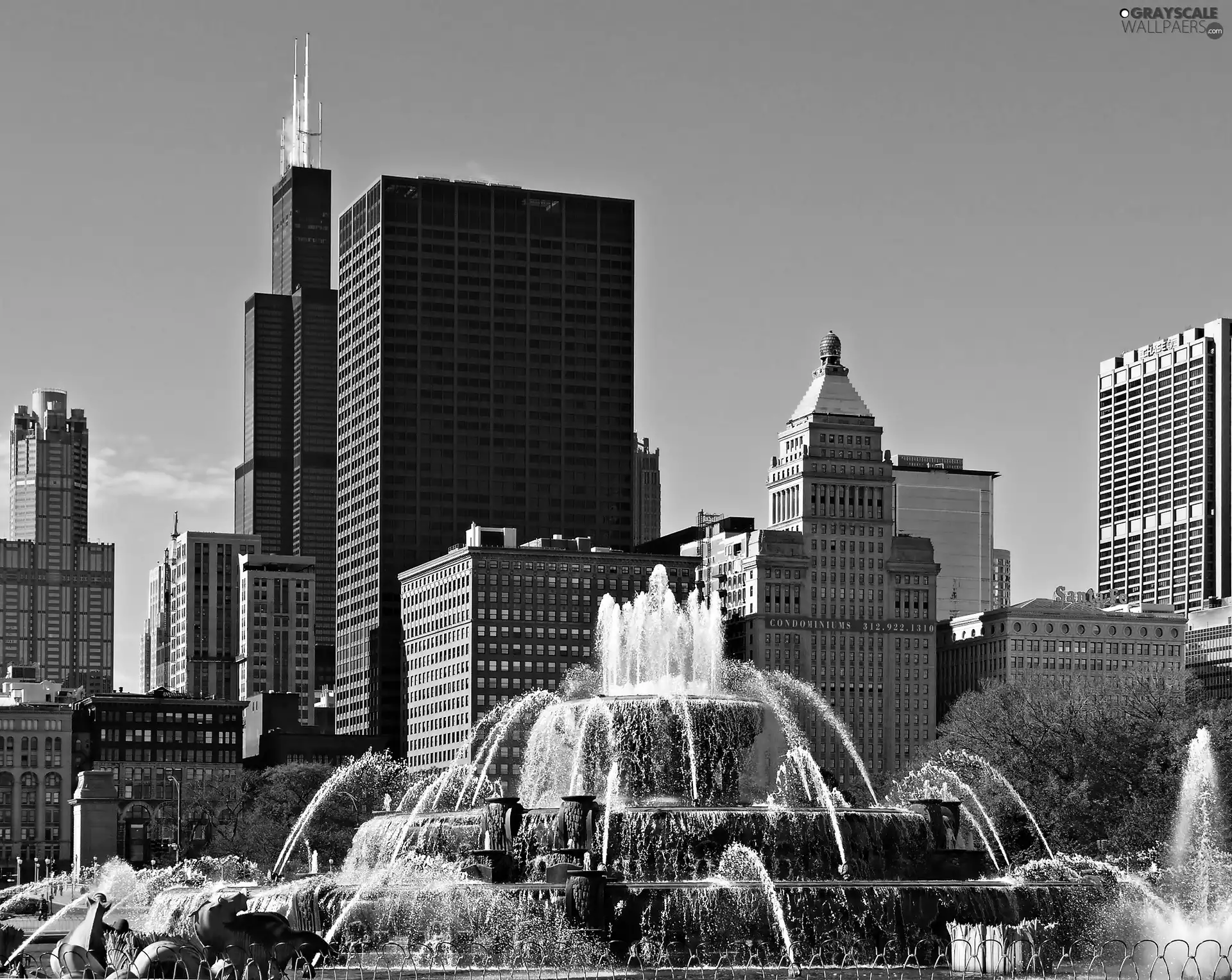 Chicago, clouds, fountain, skyscrapers