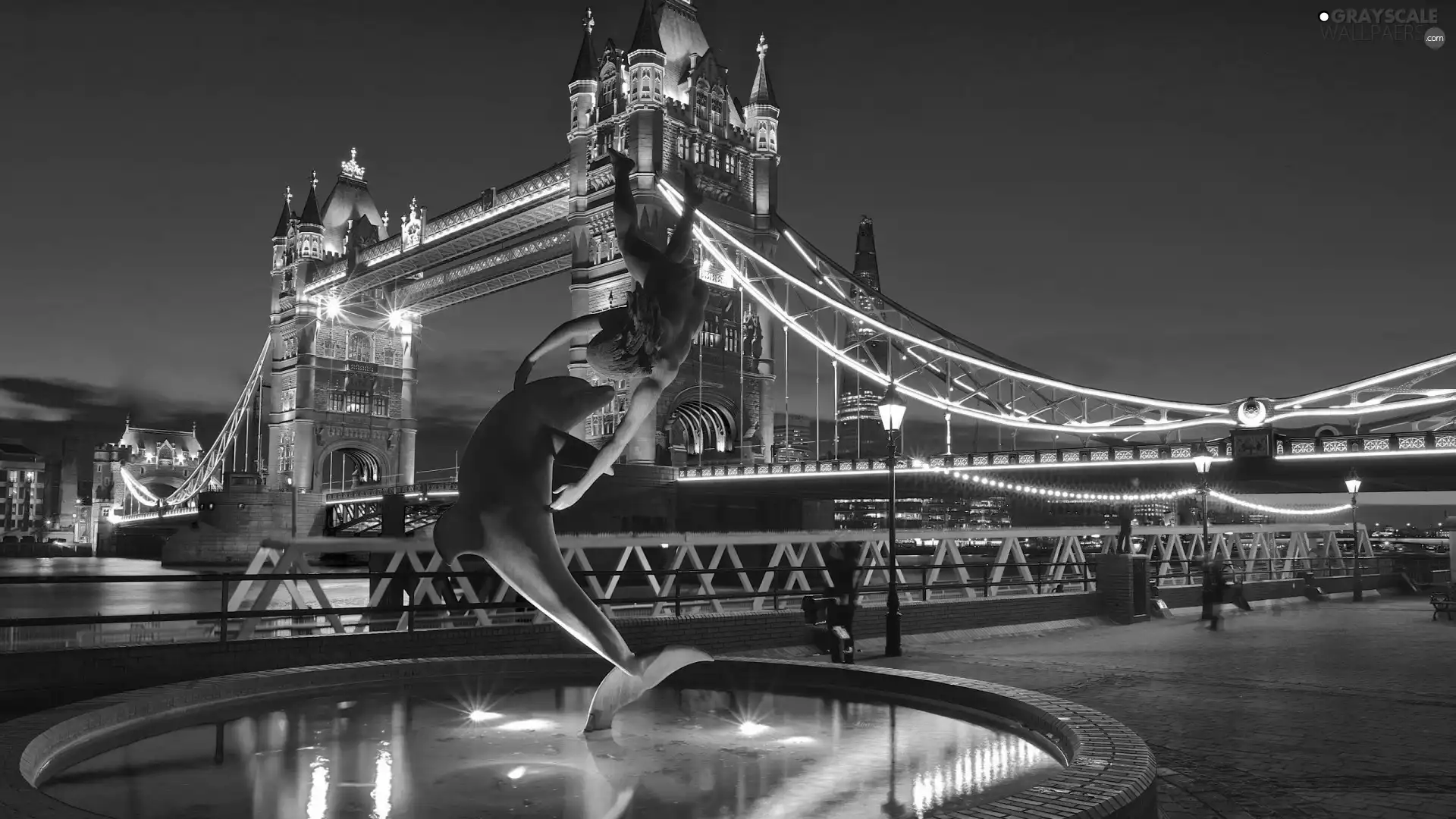fountain, dolphin, bridge, Tower Bridge, England