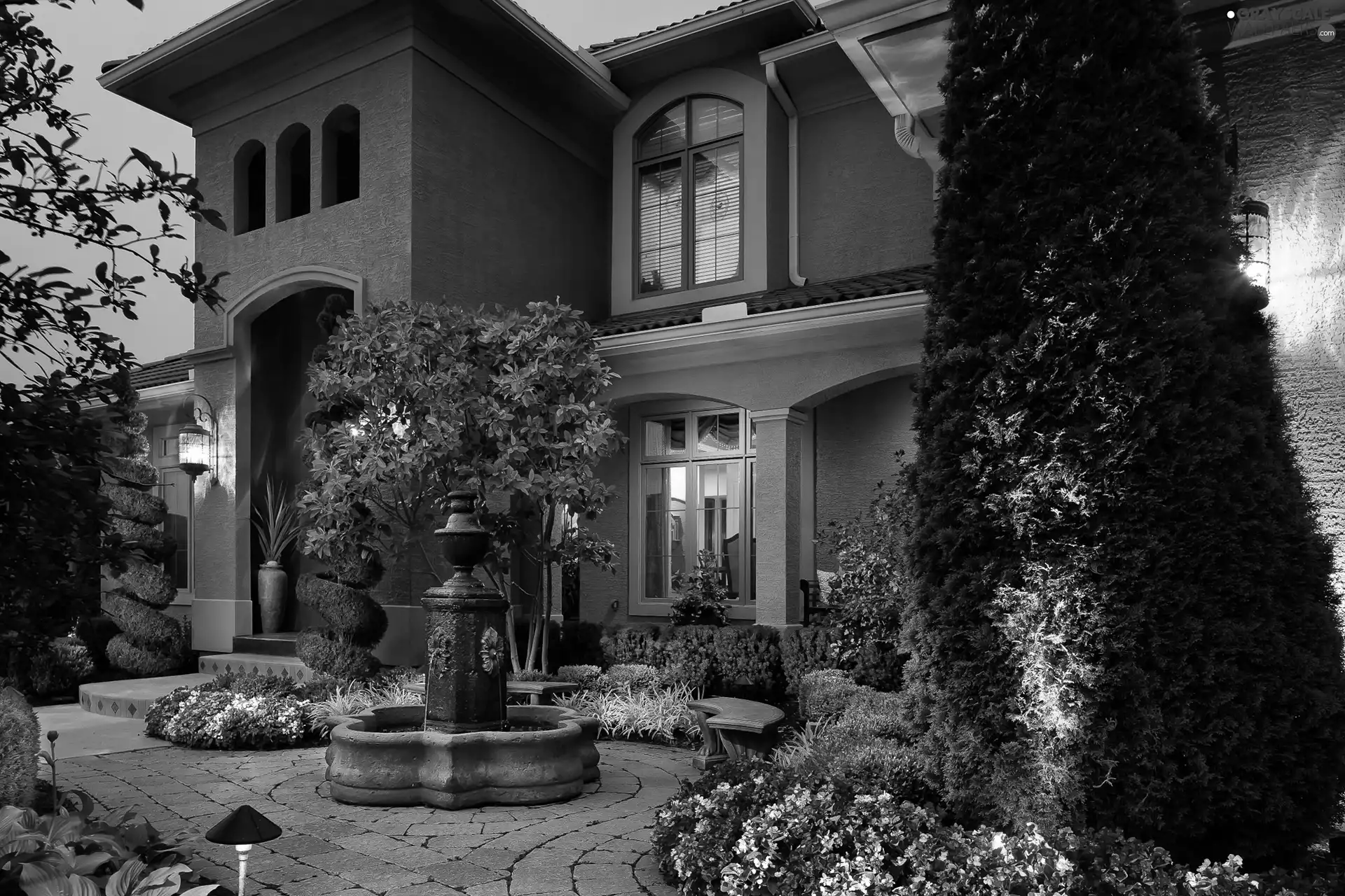 Floodlit, Garden, fountain, house