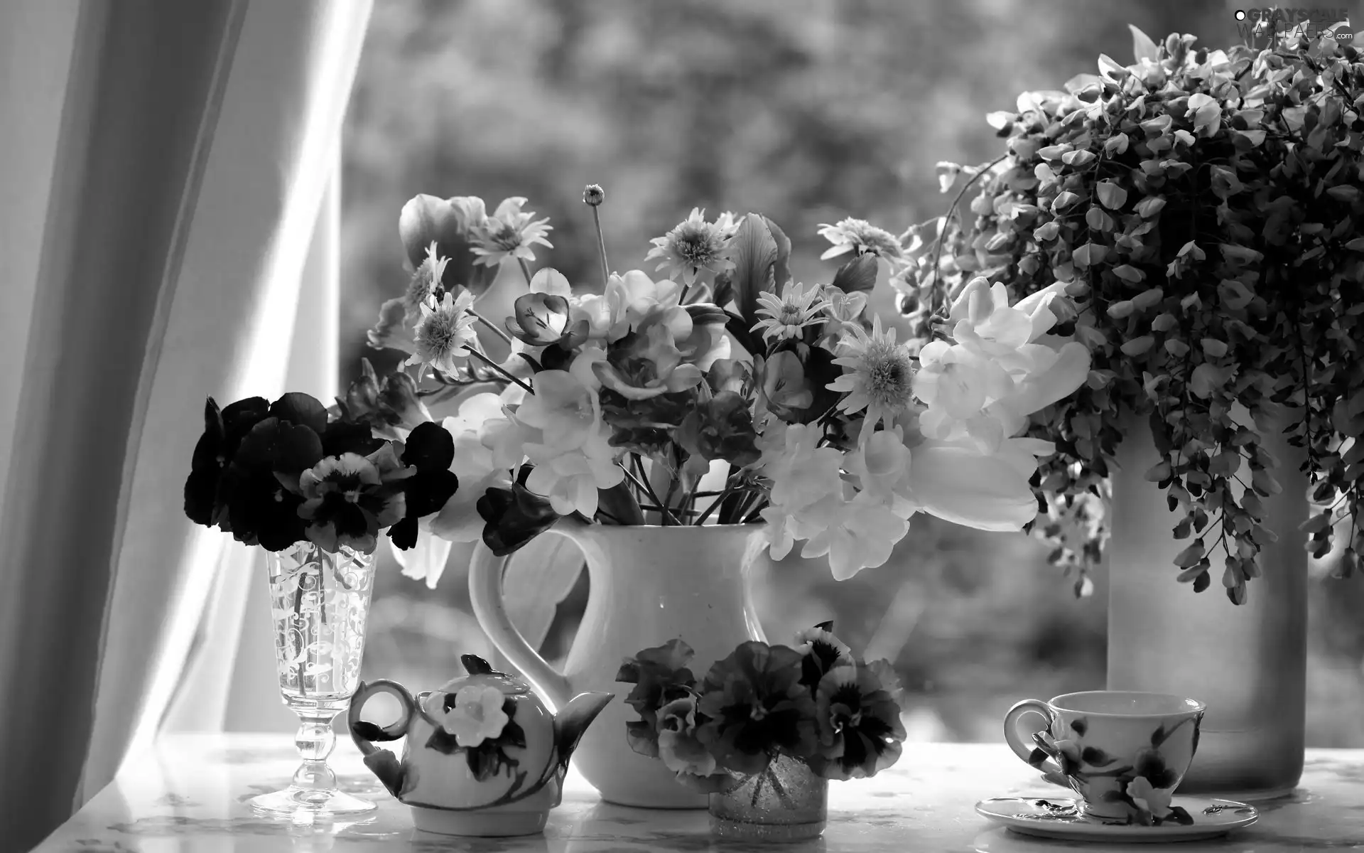 freesia, wistaria, flowers, pansy, Bouquets