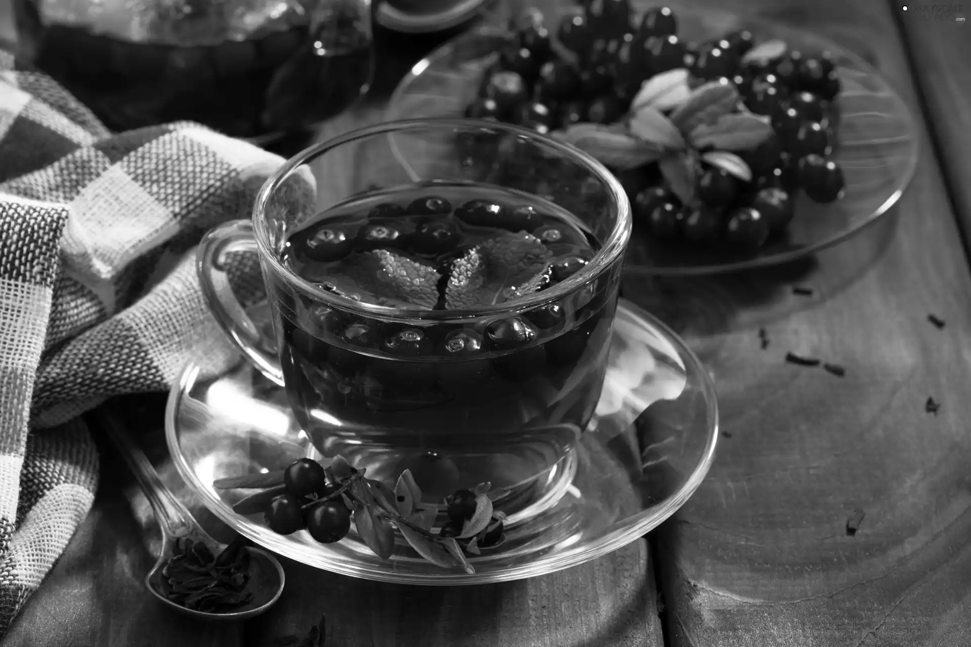 cup, tea-towel, fruit, cranberry, tea