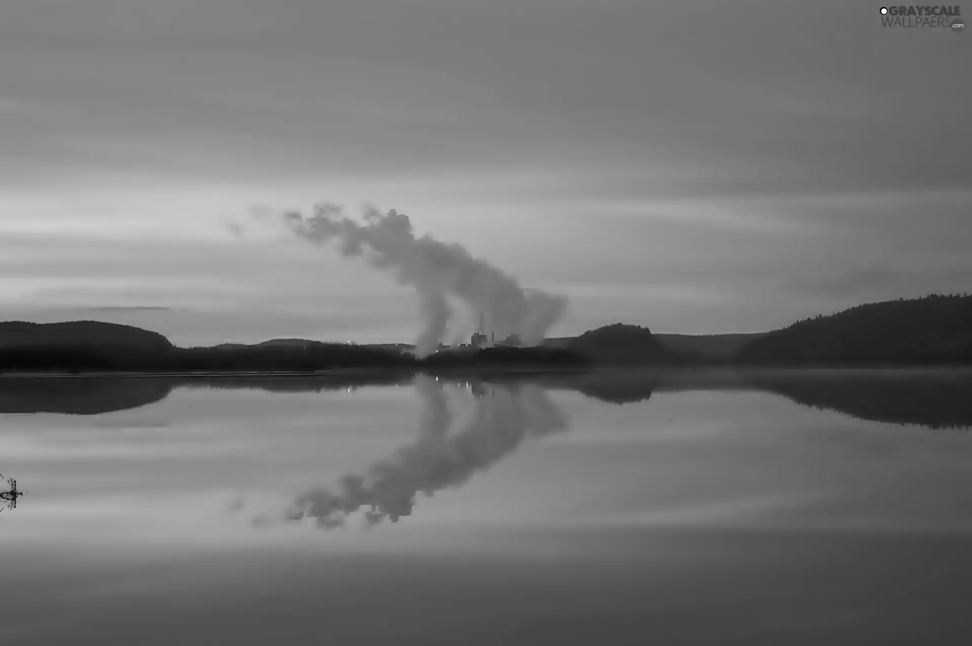 Fumes, reflection, Mountains, factory, lake