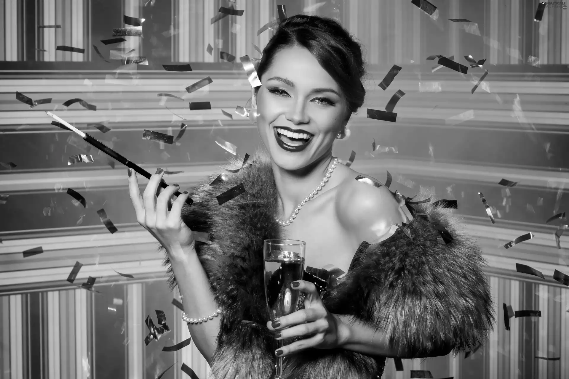 Cigarette, smiling, glass, Fur, Champagne, Women