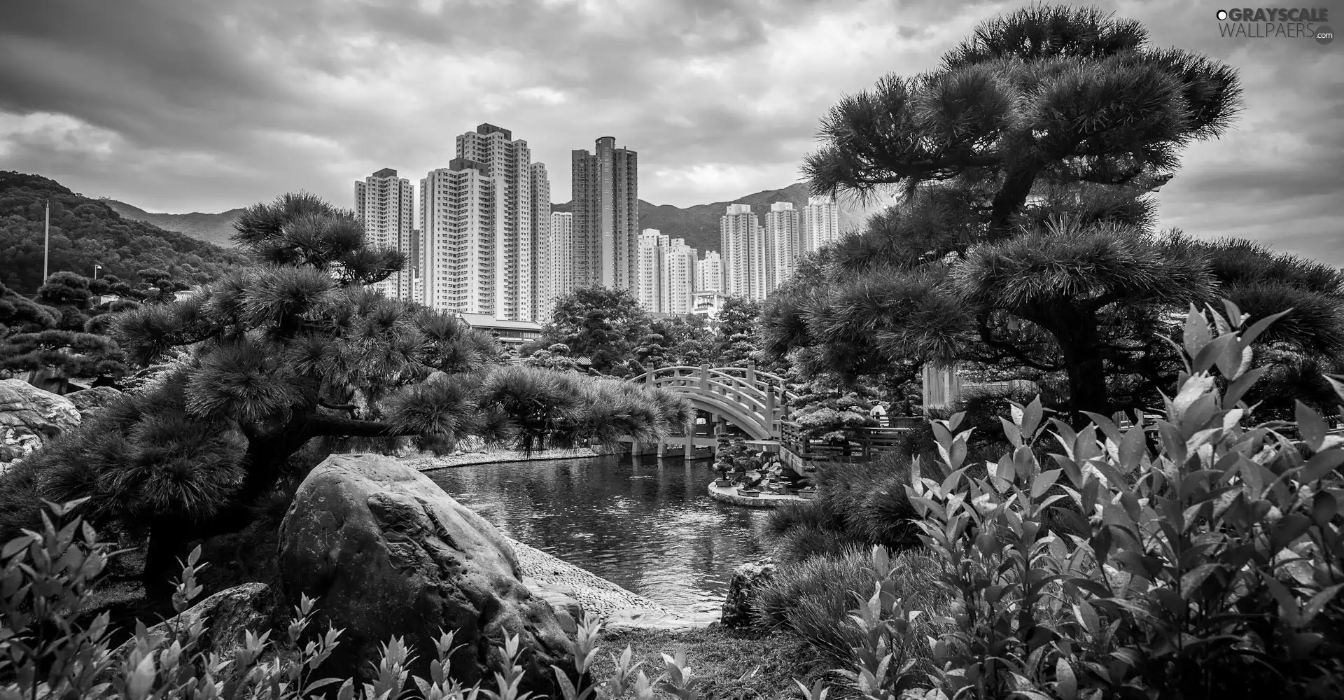 Garden, skyscraper, bridges