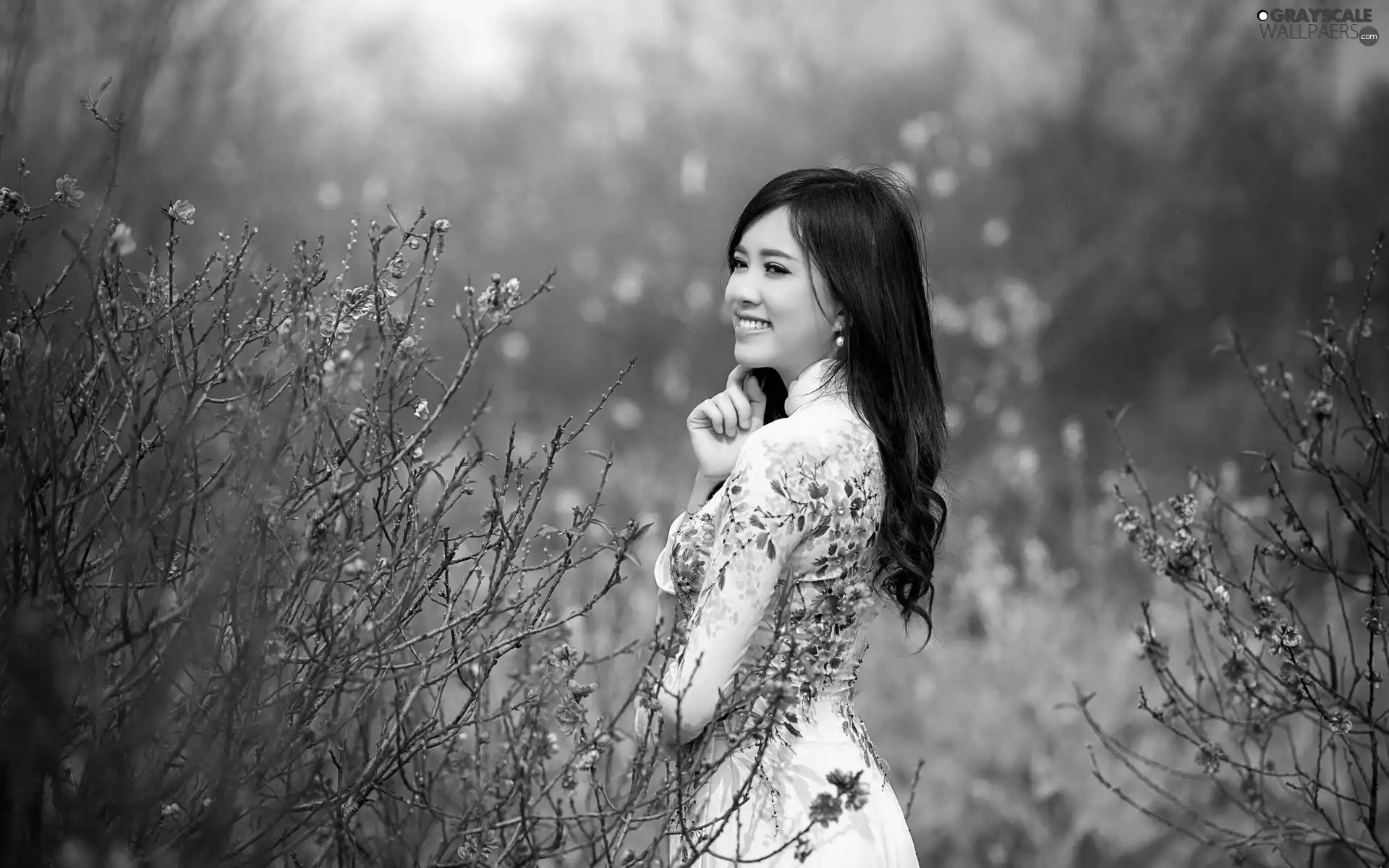 Garden, happy, Bush, Spring, flourishing, Japanese girl