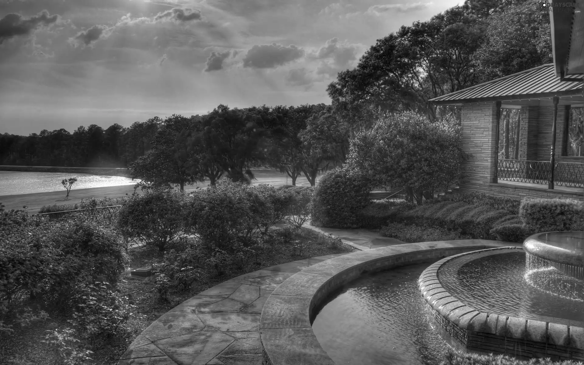 Garden, fountain, house