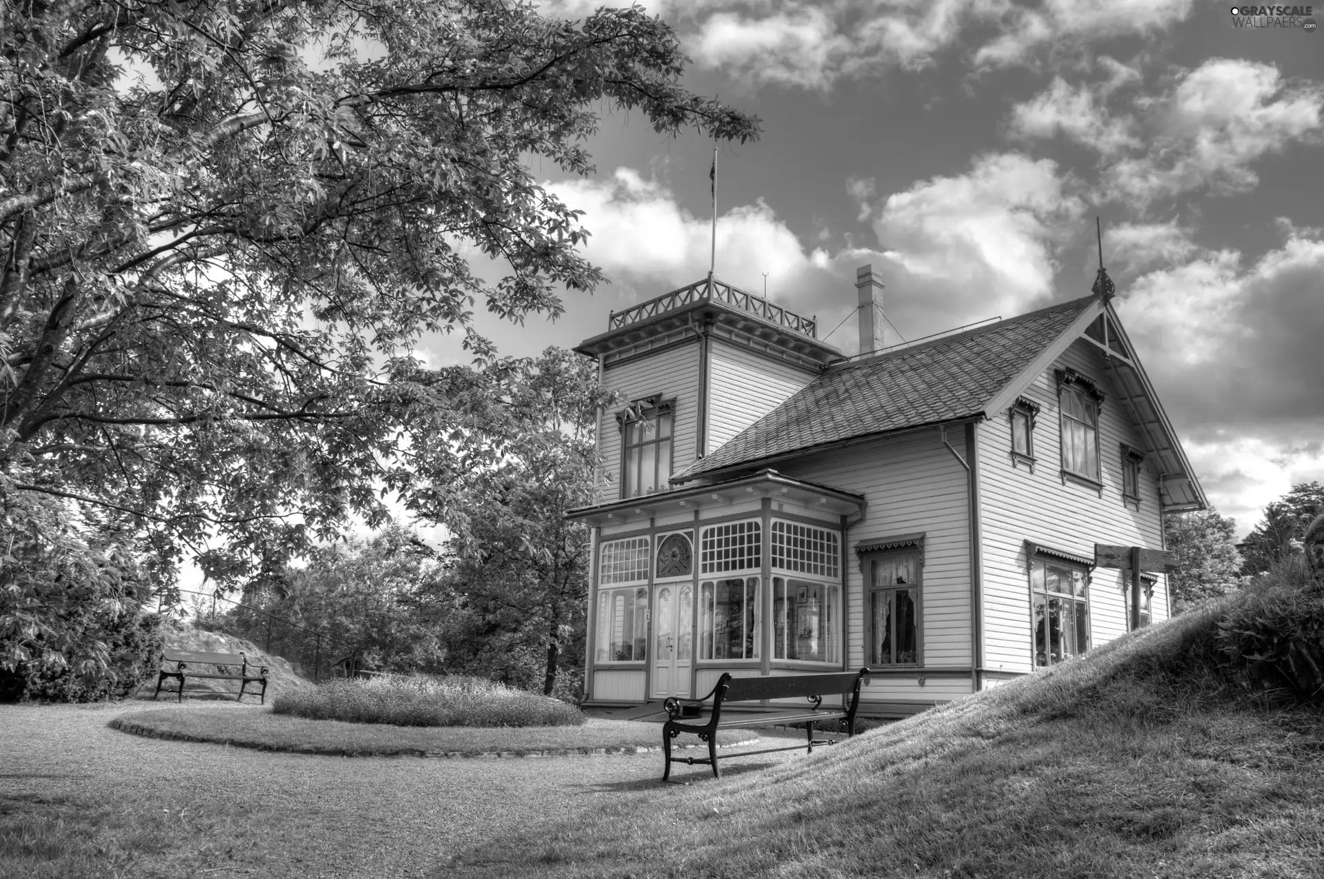 bench, manor-house, Garden