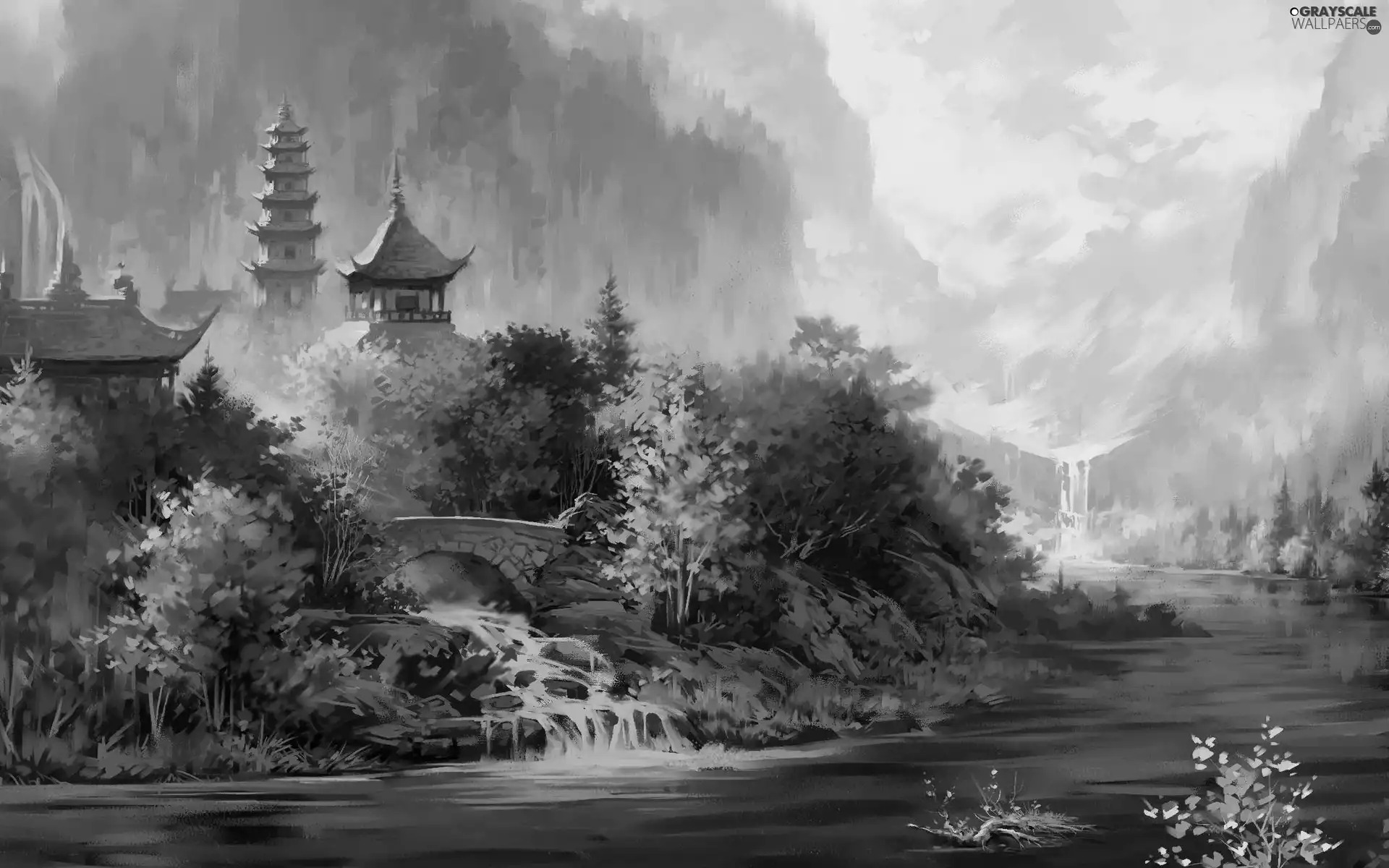 picture, River, Garden, painting