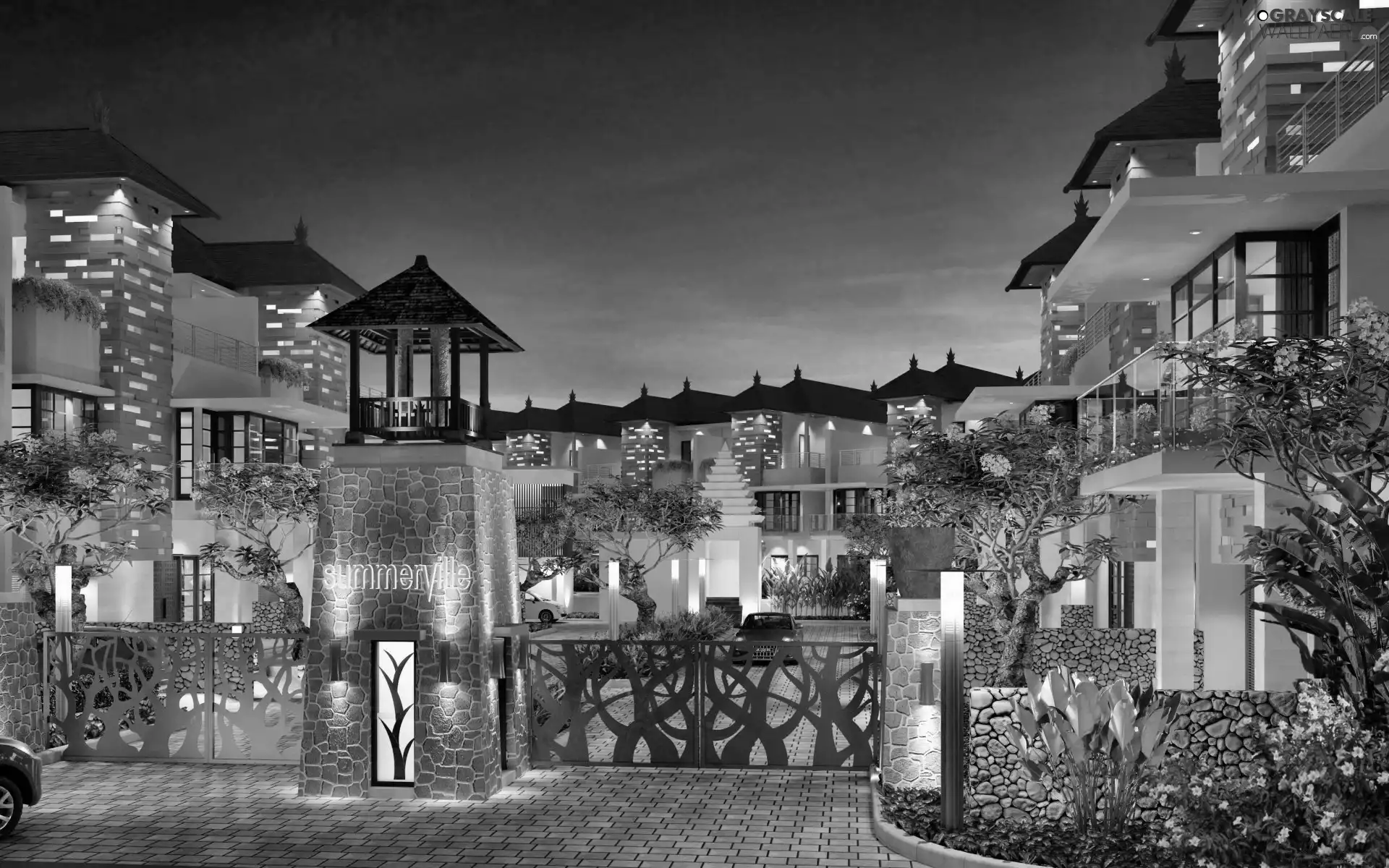 Houses, driveway, Gate, Residences
